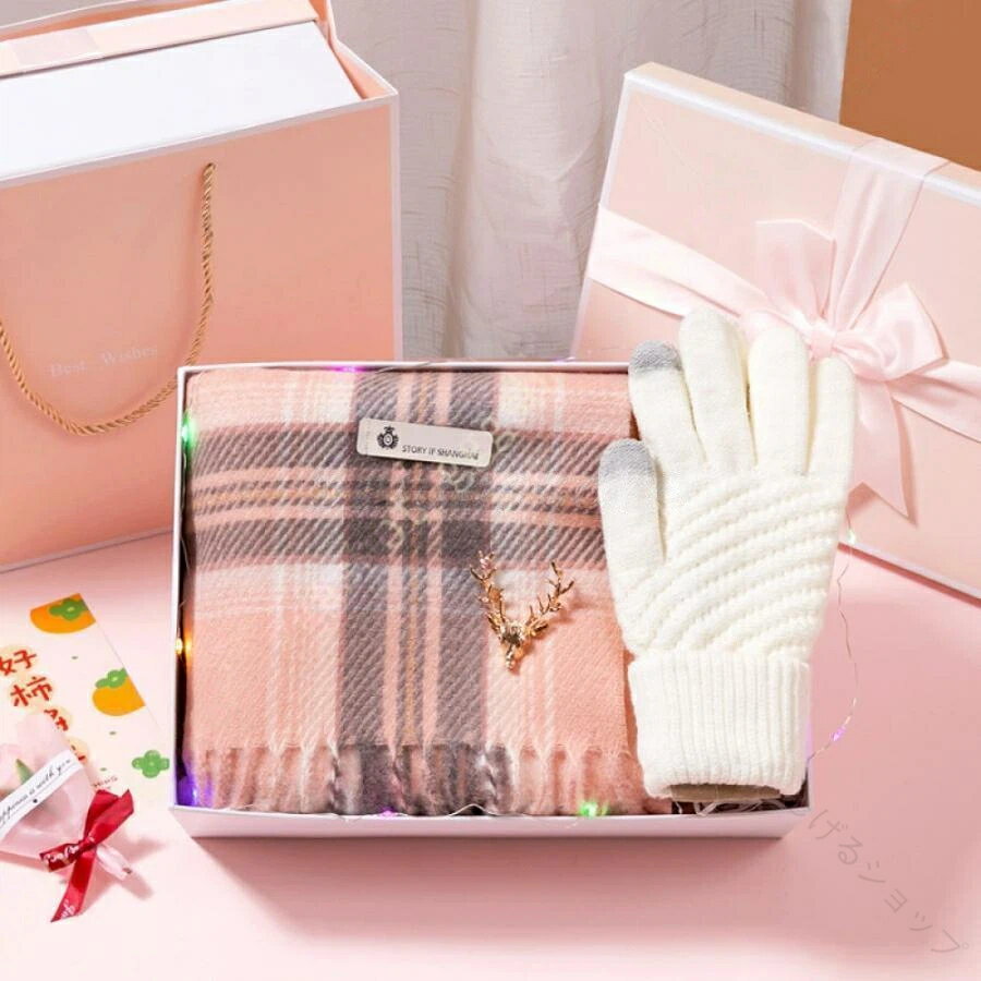 プレゼント マフラー&ニット手袋セット レディース 無地 2点セット ストール マフラーセットボックス付き 贈り物に最適な花柄デザインのあたたかい防寒アイテム