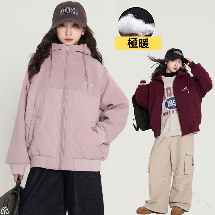 キッズ 女の子 子供服 ジュニア ジャケット コート 中綿ジャケット アウター ダウンジャケット 防寒コート レッド ピンク 裏ボア 裏起毛 あったか フード付...
