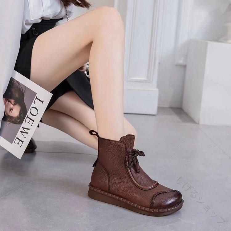 ショートブーツ レディース レトロ フラット 防滑 耐摩耗 合成皮革 ラバーソール サイドジップ ラウン..