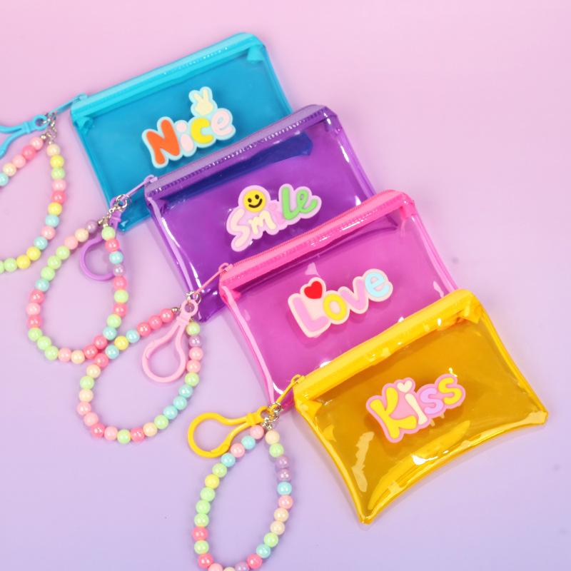 小銭入れ キッズ パスケース 透明 PVC マカロンカラー 英語ロゴ ストラップ付き カードケース ミニ財布 キーホルダー おしゃれ コインケース