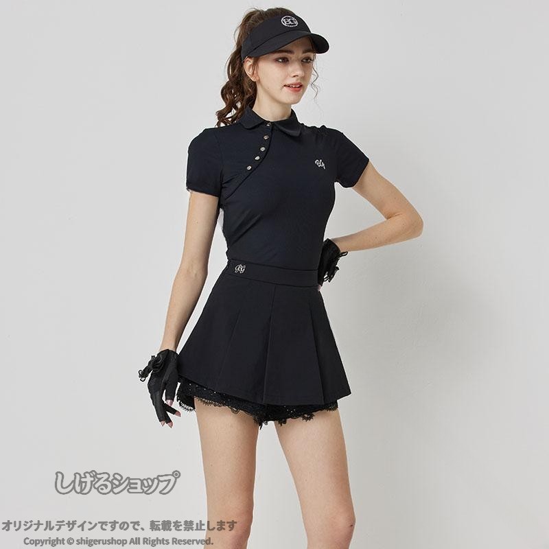 ゴルフウェア レディース 半袖Tシャツ トップス スカート 上下セット 春夏 通気性 速乾性 軽量 ストレッチ 快適 高級感 ブラック スポーツウェア アウトドアウェア ファッション ゴルフ