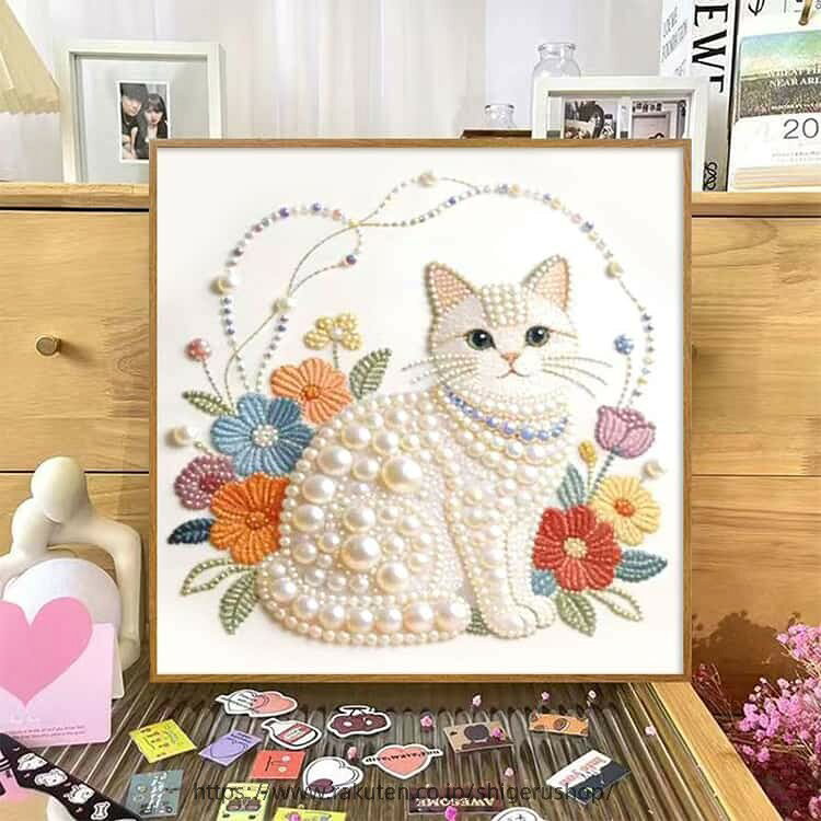 ダイヤモンドアート 猫 ビーズアート キャラクター フレーム付（20*20cm） ダイヤモンドアート　ビーズ 刺繍 キット ビーズアートキット 5D DIY ビーズ刺繍 絵画 風景 おしゃれ 猫 ネコ 花 フラワー おうち時間 初心者 暇つぶし ダイアモンドアート 2