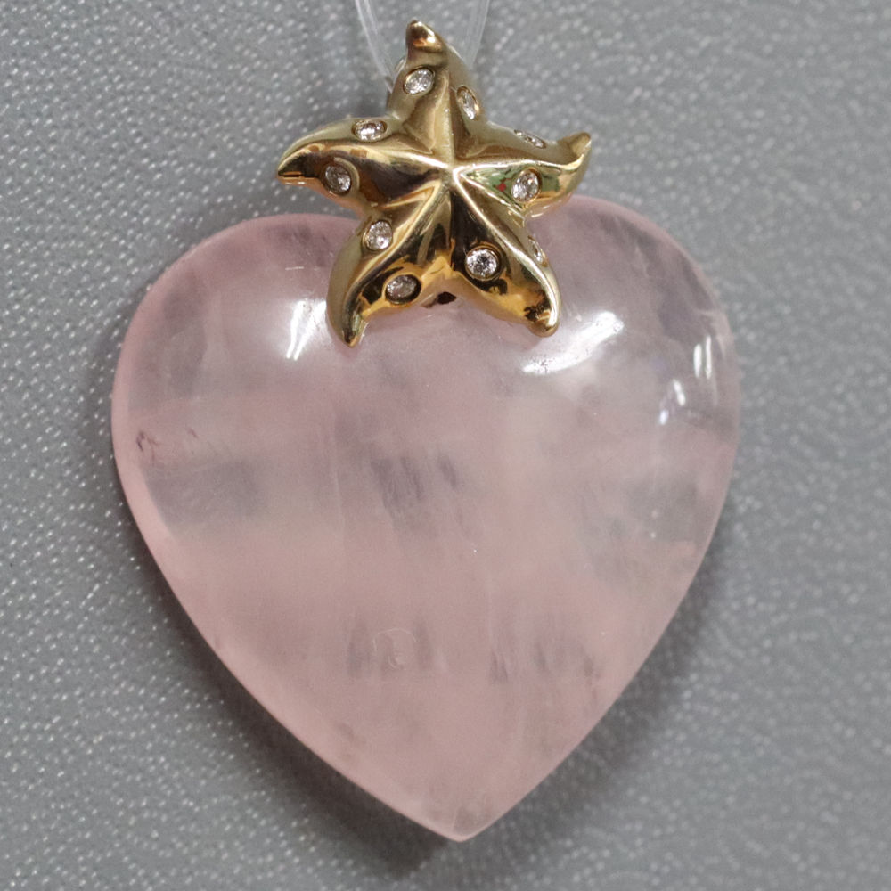 【中古】14Kローズクォーツダイヤモンドペンダントトップ ハートモチーフ 8.7g