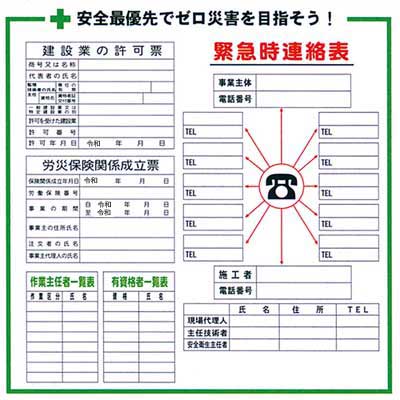 楽天仕事師通販サイト「仕事の鬼」建設一体型標識　JX-02【H900×W900mm・建設業の許可票・労災保険関係成立票・作業主任者一覧表・有資格者一覧表・緊急時連絡表】