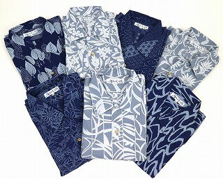 和風アロハシャツメンズ　阿波しじら織　抜染　和柄　和モダン　涼しい　M／Lサイズ　父の日　選べる7柄（ネイビータイプ＆グレータイプ）　おしゃれ　綿100％　夏　半袖　ココナツボタン　★日本製★ 　★受注生産★