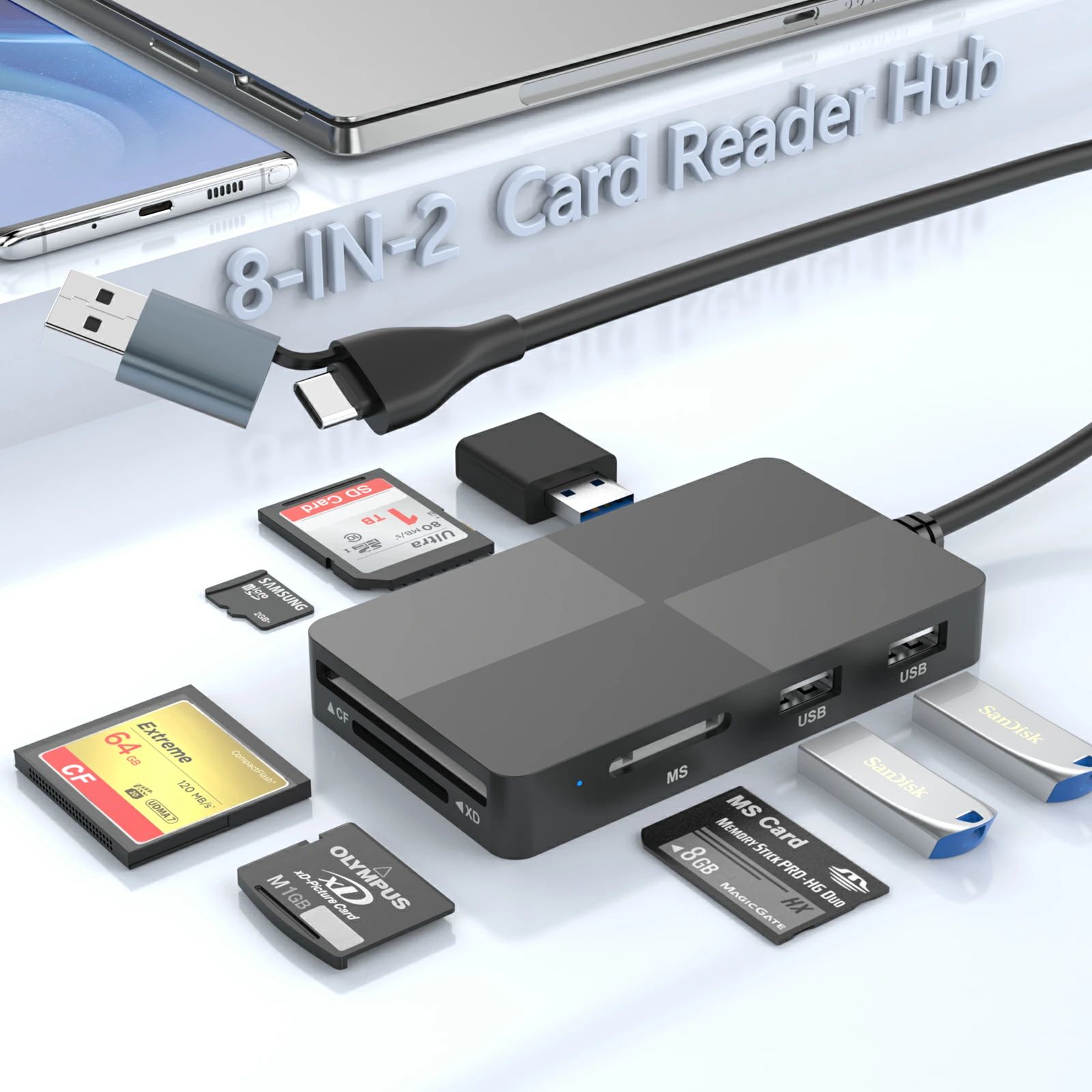 全店商品10%ポイントバック 【8-in-2マルチカードリーダーハブ】 USB Type-C USB 3.0 【SD/TF/CF/XD/Micro SD/MSカードアダプター】USB3.0ポート×3、XDピクチャーカードリーダー 5Gps 8ポート同時読み書きメモリーカードリーダー 40cmケーブル