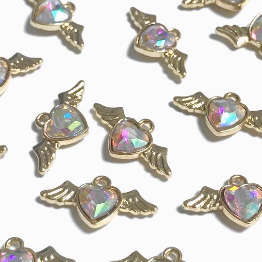 （2個セット）A級ガラス ハート 羽 チャーム クリスタル オーロラ ストーン 翼 ライトゴールド ウイン..