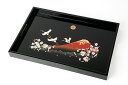 【今だけP+3倍と最大2000円クーポン】 【菊紋入】木製長手盆 尺5 黒 富士山に鶴と桜 45cm お盆 トレー トレイ 叙勲 菊紋 内祝 記念品 褒章 祝い...