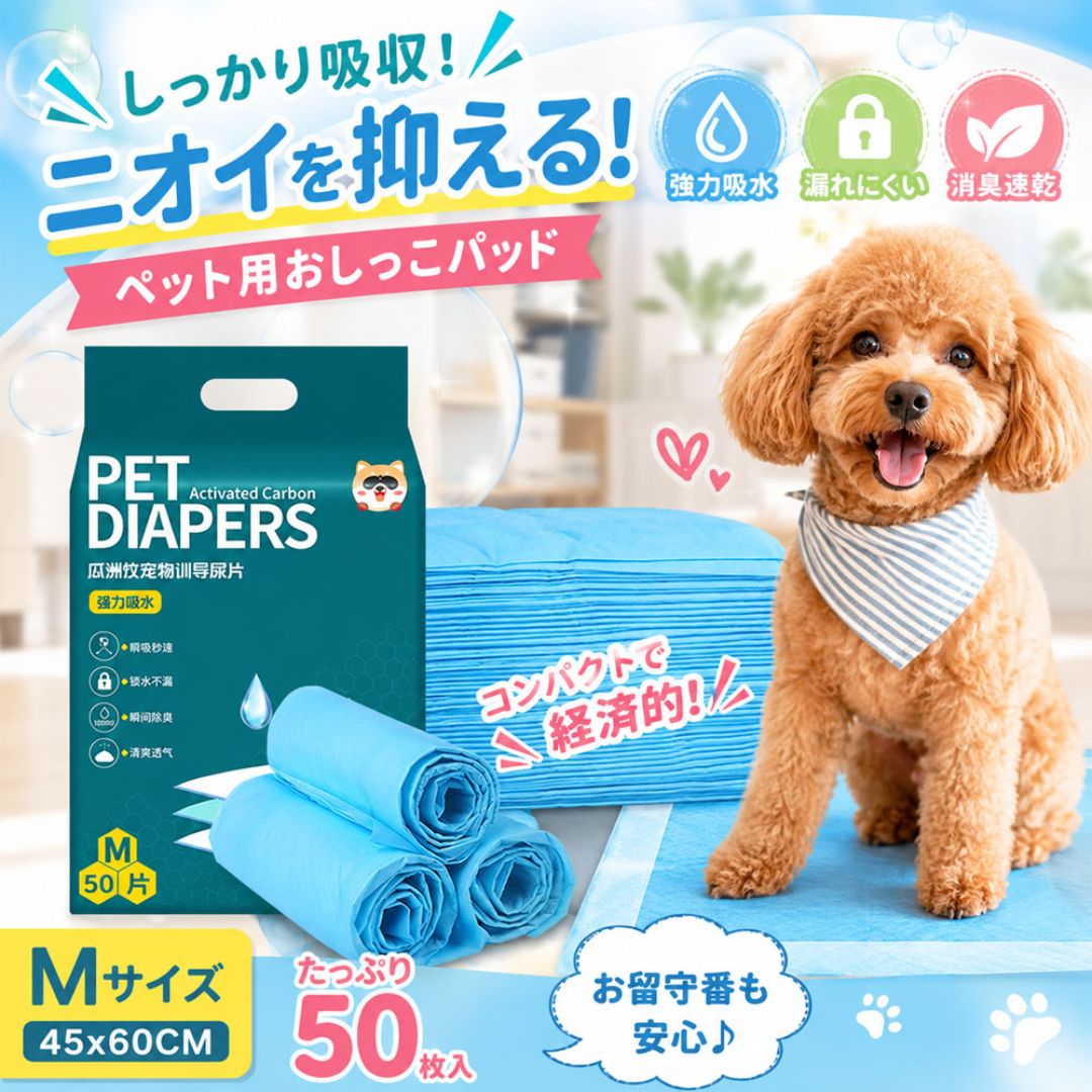 ペット用おしっこパッド 犬用トイレシート ペットシーツ 50枚入り 45×60cm 消臭 しっかり吸収 多層構造 四辺圧着 漏れにくい ニオイを抑える 活性炭 車内 お留守番 多頭飼い ペットケージ フローリング ニオイ対策 尿漏れ対策 床汚れ対策