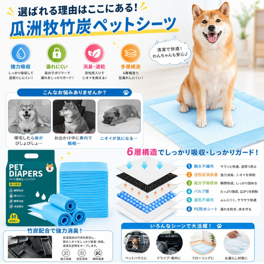 島ちゃんストア 楽天市場店のペット用おしっこパッド 犬用トイレシート ペットシーツ 50枚入り 45×60cm 消臭 しっかり吸収 多層構造 四辺圧着 漏れにくい ニオイを抑える 活性炭 車内 お留守番 多頭飼い ペットケージ フローリング ニオイ対策 尿漏れ対策 床汚れ対策｜アングル3