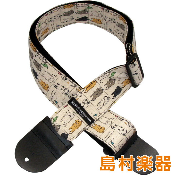 DaikingGuitarStrap【特徴】自社工房にて製作した日本製のストラップハンガーに吊るされたネコの柄です。 【詳細情報】1−ギターをキズつけないためにあえてプラスチックパーツ(YKK製)を使用。2−裏地には日本製のテープを使用。3−ストラップエンドにも日本の革工場に手配した牛本革を使用。4−幅5cm,長さ80cm-142cm。5−生地を裁断して製造しているので柄には個体差がございます。ご了解の上ご購入ください。JANコード：4560452451455【2018/08/02】