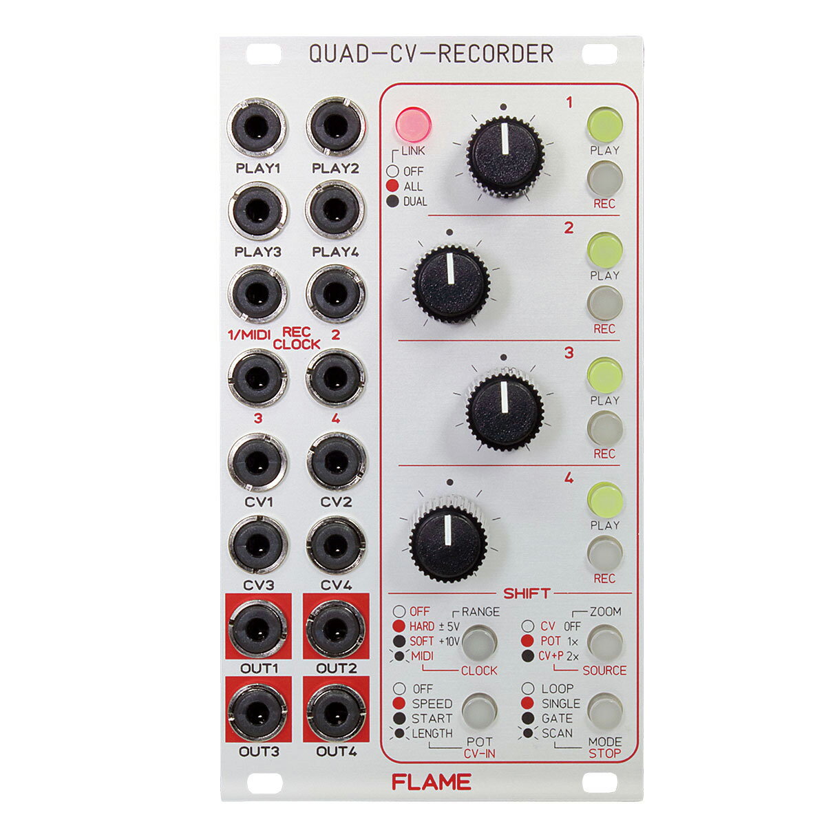 CV Recorder / Looper【特徴】QUAD-CV-RECORDER は4チャンネルのCVレコーダー/ルーパーモジュールです。各チャンネルのノブの動きや、外部のアナログ・シーケンサー、LFO、エンベロープ、ジョイスティックなどの電圧の変化を記録/再生します。各チャンネルの入出力 CV は-5V ~ +5V または 0 ~ 9V の範囲で設定できます。SOURCE は記録するチャンネルの CV ソースを CV 入力、ノブ、または両方の中から選択します。ZOOM はコントローラーの微調整用です。アナログ・クロックや MIDI による同期、主導によるパンチイン/アウト記録が可能です。出力はスムースな電圧で、可聴成分を含みません(16-Bit 解像度のアルゴリズム)。クロック / MIDI シンクロナイゼーションを使用する際、CV補完のレベル (HARD / SOFT)を選択できます。【】選択したシンクモードに関係なく、1チャンネルあたりの記録時間は最大1時間です。4つのチャンネルをそれぞれ独立して使用する他に、LINK 機能を使用して2チャンネルまたは4チャンネルをリンクして使用できます。この機能はマルチトラックの記録や、複数のCVを同時に出力するジョイスティックなどのコントローラーを記録/再生する際に便利です。再生モードは LOOP、SINGLE(ワンショット)、GATE、SCANが用意されており、各チャンネルのボタンを押すか、MIDI スタート/ストップによりトリガーします。SCAN モードを使用すると記録したサンプルを CV 入力または各チャンネルのノブでスキャンする事ができます。手動で速度と再生方向を変更できます。(リバース、ランダマイズ、スタッター)。スタートポイントとエンドポイント、再生またはループの速度は、CV またはノブで設定できます。メモリーはバッテリーバックアップで電池を使用します。(CR2032 本体に付属)ソフトウェアは MIDI Sysex ダンプで更新できます。本体のミニジャックから DIN5 ピンに変換する MIDI アダプターが付属します。【詳細情報】幅 14HP奥行き 42mm消費電流 +12V : 160mA -12V : 50mAJANコード：4582348929770