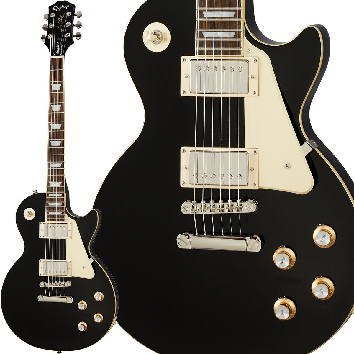 ヴィンテージトーンを生むプロバッカーPU搭載！【特徴】“Inspired by Gibson”コレクションから新たにリリースされたエピフォン・レスポール・スタンダード 60sは、往時のレスポール・サウンドを現代に蘇らせています。王道のマホガニーボディにメイプルトップの材構成、Grover製ロトマチック・チューナー、CTSエレクトロニクスとProBuckerハムバッカーによるパーツ構成といった堅実な仕様群がギタープレイヤーを強力にサポートします。エピフォンとレス・ポール氏（偉大なギタリスト~ミュージシャンであり発明家!!）の長い友情関係は1940年にまで遡ります。若きレス・ポール氏は、当時マンハッタンにあったエピフォン工房で夜な夜な試作を重ね、世界初のソリッドボディ・エレクトリックギターのひとつと言われる”the Log”を作り上げました。そして”the Log”での成果が後々、今日も多くのギタープレイヤーにとって最上のエレクトリックギターとして垂涎の的である、レスポール・モデルの開発・誕生へと反映されていったのです。【詳細情報】BodyBody Shape：Les PaulBody Material：MahoganyTop：AA Flame MapleBinding：CreamNeckMaterial：MahoganyProfile：Slim Taper 60s CScale Length：24.75" / 628.65mmFingerboard Material：Indian LaurelFingerboard Radius：12"Number Of Frets：22Frets：Medium JumboNut Material：Graph TechNut Width：1.69" / 43mmInlays：Pearloid TrapezoidJoint：Glued inHardwareFinish：NickelTuner Plating：NickelBridge：LockTone ABR Tune-o-maticTailpiece：StopbarTuning Machines：Grover Rotomatic 18:1Pickguard：creamTrussRod：AdjustableTruss Rod Cover："Bell Shaped"; 2-layer (Black/White); 60s era EControl Knobs：Gold insert knobs with nickel plated dial pointersStrap Buttons：2Pickup Covers：NickelElectronicsNeck Pickup：ProBucker-2Bridge Pickup：ProBucker-3Controls：2- Volume, 2- Tone CTS electronicsPickup Selector：3-way Epiphone toggleOutput Jack：1/4"MiscellaneousStrings：.10, .13, .17, .26, .36, .46Case：Optional※エピフォンは製品デザイン・クオリティ・快適な演奏性の実現に向け絶えず改善に努め、常に最良のマテリアルを製品に取り入れられるよう、製品の予告なき仕様変更を行うことがあります。JANコード：0711106478258【2207_EphACCcam】