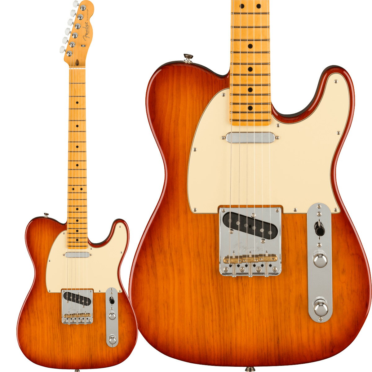 American Professional II Telecaster Maple Fingerboard Sienna Sunburst【特徴】高い人気を誇るDeep Cシェイプネックは、丁寧にエッジがロールオフされ、至高の演奏体験を約束する"Super-Natural"サテン仕上げが施されています。また新たに設計されたネックヒールを採用し、快適なフィーリングとハイポジションへの容易なアクセスを実現しました。新しいV-Mod II Telecasterピックアップは、これまで以上に繊細で、Telecasterならではの独特なトゥワングを内包した魅力的なサウンドを実現しています。イントネーションが改善された"Bullet"サドルを備えた新しいトップロード／ストリングスルーブリッジは、各弦のイントネーションとテンション感を個別に調整することが可能で、今までのTelecasterブリッジの中で最も快適でフレキシブルなブリッジです。※画像はサンプルです。木目などの外観には個体差がございます。【詳細情報】ボディRoasted PineボディフィニッシュGloss PolyurethaneボディシェイプTelecasterブリッジ3-Saddle Top-Load/String-Through Tele with Compensated Brass “Bullet” SaddlesブリッジピックアップV-Mod II Single-Coil TeleコンフィギュレーションSSコントロールノブKnurled DomeコントロールMaster Volume, Master ToneフィンガーボードMapleフィンガーボードラジアス9.5" (241 mm)フレットサイズNarrow TallハードウェアフィニッシュNickel/Chromeネックフィニッシュ“Super-Natural” Satin Urethane Finish on Back of Neck with Gloss Urethane Headstock FaceネックMapleネックピックアップV-Mod II Single-Coil TeleネックシェイプDeep "C"フレット数22ナットの素材Boneナット幅1.685" (42.8 mm)ピックガード3-Ply Aged WhiteピックアップコンフィギュレーションSSピックアップスイッチ3-Position Blade: Position 1. Bridge Pickup, Position 2. Bridge and Neck Pickups, Position 3. Neck PickupポジションインレイBlack Dot付属品：ハードケース、保証書、取扱説明書、ケース鍵、レンチ、ブリッジカバー、認定書、ステッカーJANコード：0885978577309
