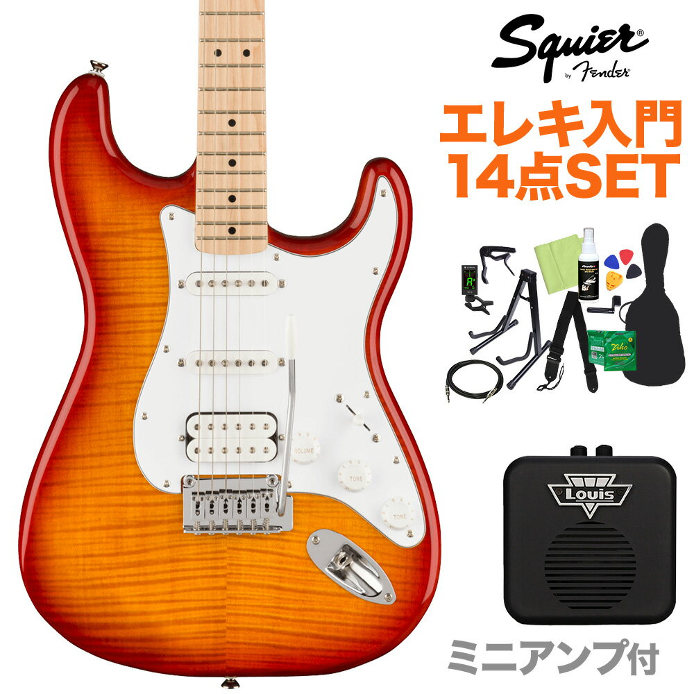 【オンラインストア限定】 Squier Affinity Series ストラトキャスター 初心者セット 【特徴】伝統的なFenderファミリーへの登竜門である Squier Affinity Seriesは、これから演奏を始めるプレイヤーにもリーズナブルな価格帯のシリーズです。Squier Affinity Series Stratocaster FMT HSS は、Fenderの登録商標であるStratocaster を正式に名乗ることのできるモデルであり、伝説的なデザインと、今日のギターヒーローを目指す人 たちのための真髄に迫るトーンを提供しています。【】このStratocasterには、人目を引くフレイムメイプルトップを備えた薄型軽量ボディ、スリムで快適な演奏性の”C”シェイプネック、スムーズで正確なチューニングと簡単な弦交換を可能にするスプリットシャフトを備えた密閉型ダイキャストチューニングマシン、優れたトレモロアクションを実現する現代的な2点支持のトレモロ・ブリッジなど、プレイヤーに優しい改良が施されています。ブリッジにはハムバッキング・ピックアッ プ、ネックとミドルにはシングルコイル・ピックアップを搭載 し、ジャンルを超えた多彩なサウンドを実現しています 【詳細情報】Series: Affinity SeriesBody Material: PoplarBody Finish: Gloss PolyurethaneNeck: Maple, “C” ShapeNeck Finish: Satin Urethane with Gloss Urethane Headstock FaceFingerboard: Maple, 9.5” (241 mm)Frets: 21, Medium JumboPosition Inlays: Black DotNut (Material/Width): Synthetic Bone, 1.650” (42 mm)Tuning Machines: Sealed Die-Cast with Split ShaftsScale Length: 25.5” (648 mm)Bridge: 2-Point Synchronized Tremolo with Block SaddlesPickguard: 3-Ply WhitePickups: Ceramic Humbucker (Bridge), Ceramic Single-Coil (Middle), Ceramic Single-Coil (Neck)Pickup Switching: 5-Position Blade: Position 1. Bridge Pickup Position 2. Bridge and Middle Pickup Position 3. Middle Pickup Position 4. Middle and Neck Pickup Position 5. Neck PickupControls: Master Volume, Tone 1. (Neck Pickup), Tone 2. (Bridge/Middle Pickup)Control Knobs:White PlasticHardware Finish: ChromeStrings: Nickel Plated Steel (.009-.042 Gauges)Case/Gig Bag: NoneJANコード：0885978723447【bgn_egmini】【bgn_egst】【bgn_egburst】【入門セット】こちらの商品は複数個口でお届けします。お荷物により配達日が異なる場合がございますので予めご了承ください。