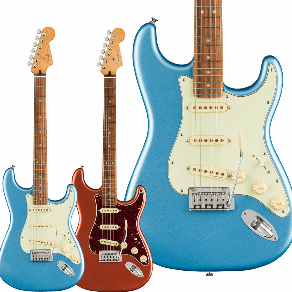 Fender Player Plusシリーズ【特徴】本モデルのサウンドの心臓部には、繊細なダイナミックスを実現する3基のPlayer Plus Noiselessピックアップをフィーチャーしています。ブライトでタッチセンシティブなこのピックアップは、ハムノイズを抑制したクラシックなStratocasterトーンを提供します。トーンコントロールはプッシュ/プル仕様となっており、スイッチポジション1と2にの際にネックピックアップを追加することができ、多彩なサウンドを実現します。サテンフィニッシュのModern “C “シェイプPlayer PlusStratネックは、手にぴったりとフィットし、滑らかなエッジのロールオフ処理が心地よさを提供します。12インチラジアス指板と22本のミディアムジャンボフレットはリードプレイに適しており、弦落ちを気にすることなく、アグレッシブなベンディングを可能にします。スムーズで卓越したレスポンスを実現する2点支持トレモロとロッキングチューナーにより、激しいアーミングをしても安定したチューニングを維持することができ、弦交換も容易に行えます。【詳細情報】Series: Player PlusBody Material: AlderBody Finish: Gloss PolyesterNeck: Maple, Modern “C”Neck Finish: Satin UrethaneFingerboard: Pau Ferro, 12” (305 mm)Frets: 22, Medium JumboPosition Inlays: White Pearloid Dot (Pau Ferro)Nut (Material/Width): Synthetic Bone, 1.685” (42.8 mm)Tuning Machines: Deluxe Cast/Sealed Locking (all short posts)Scale Length: 25.5” (648 mm)Bridge: 2-Point Synchronized Tremolo with Block SaddlesPickguard: 3-Ply Mint Green (395), 4-Ply Tortoiseshell (370)Pickups: Player Plus NoiselessTM Strat (Bridge), Player Plus NoiselessTM Strat (Middle), Player PlusNoiselessTM Strat (Neck)Pickup Switching: 5-Position Blade: Position 1. Bridge Pickup, Position 2. Bridge and Middle Pickup, Position 3. Middle Pickup, Position 4. Middle and Neck Pickup, Position 5. Neck PickupControls: Master Volume, Tone 1. (Neck/Middle Pickups), Tone 2. (Bridge Pickup)Control Knobs: Aged White PlasticHardware Finish: Nickel/ChromeStrings: Fender USA 250L Nickel Plated Steel (.009-.042 Gauges), PN 0730250403Case/Gig Bag: Included: Deluxe Gig BagJANコード：0885978742301