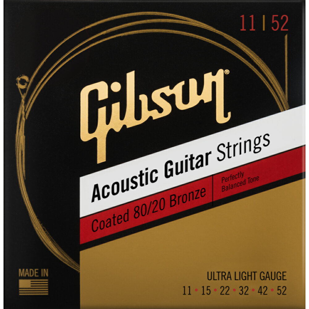 Coated 80/20 Bronze Acoustic Guitar Strings【特徴】ギブソン コーティング 80/20ブロンズ アコースティックギター弦は、真のアコースティックギター・サウンドをアコースティックギター・プレイヤーにもたらします。80%の銅と20%の亜鉛合金による巻線で芯線を包み、独自のポリマーで非常に薄いコーティングが施され、明るく鮮明なトーンを生み出します。本物のアコースティック・サウンドと演奏性の完璧なバランスを堪能いただけます。スタジオ・ライブ問わず愛好者の多い弦です。あらゆるギブソン・アコースティック・ボディ・デザインにフィットし、どんな演奏スタイルにも最適です。・極薄コーティングにより、音色を犠牲にすることなく弦の長寿命化を実現・明るく鮮明なトーンを生む80%の銅と20%の亜鉛合金による巻線・マスタールシアーにより開発【詳細情報】ウルトラ ライト ゲージ： .011 .015 .022 .032 .042 .052JANコード：0711106006871