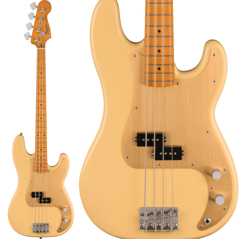 【40th Anniversary】Squierファンのためのワンクラス上の数量限定デザイン【特徴】Squier 40th Anniversary Precision Bass Vintage Edition、レトロ志向のSquier愛好家のために作られたクラシカルな仕様のコレクションで、その時代のソウルが込められたトリビュートモデルです。エイジド加工されたクロムハードウェア、アノダイズドのアルミニウムピックガード、ヴィンテージカラーのメイプルネック、Anniversary仕様に刻印されたフロントプレートを備えたサテン仕上げのこのP Bassは、Squierが誇るこれまでの数々の名機のレガシーを称えています。どんなプレイヤーでも楽に演奏できるスリムで快適な「C」シェイプネックをはじめ、この記念モデルには洗練されたプレイヤーフレンドリーな仕様が凝縮されています。ヴィンテージスタイルのチューニングマシン、本物のパフォーマンスとスタイルを追究した4つのバレルサドル付ストリングスルーボディブリッジ、そしておなじみのP Bassトーンを響かせるアルニコ5マグネットを備えた、フェンダー設計のスプリットシングルコイルピックアップを搭載しています。【詳細情報】【Neck】Fingerboard Material：Mapleフィンガーボードラジアス：9.5" (241 mm)ヘッドストック：Precision Bassネック：Bolt-Onネックフィニッシュ：Tinted Satin Urethaneネック：Mapleネックシェイプ："C" Shapeフレット数：20ナットの素材：Boneナット幅：1.685" (42.8 mm)ポジションインレイ：Black Dotサイド：ドットナット：Boneトラスロッド：Head Adjustトラスロッドナット：4 mm Hex【Body】ボディ：Nyatohボディフィニッシュ：Satin Urethaneボディ素材：Nyatohボディシェイプ：Precision Bass【Hardware】ブリッジ：4-Saddle Vintage-Styleコントロールノブ：Knurled Flat-Topハードウェアフィニッシュ：Aged ChromeNeck Plate：4-Bolt Squier 40th Anniversaryピックガード：1-Ply Gold Anodized AluminumPickup Covers：BlackStrap Buttons：StandardString Trees：Vintage-Style Discストリング：Nickel Plated Steel (.045-.105 Gauges)チューニングマシーン：Vintage-Style【Electronics】コントロール：Master Volume, Master Toneネックピックアップ：Fender Designed Alnico Split Single-Coilピックアップコンフィギュレーション：Split Single CoilSwitching：NoneJANコード：0885978972128【プレベ】