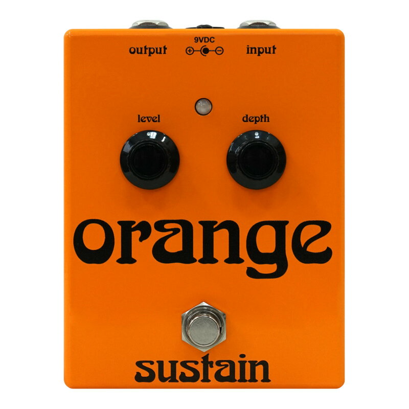 ORANGE Sustain エフェクタ—【特徴】質問：ある掲示板で、長い間製造中止になっていた機材の写真を見つけて夢中になり、その中身についてオンラインで助けを求めた結果、ティーカップのリング跡や黄ばんだ縁、ボールペンの走り書きやガタガタの文字などで埋め尽くされた完全な形のその機材の手書きの回路図が発掘されたとしたらどうなるでしょうか？答え：それがOrange Sustainペダルに起こったことです。ギタートーンに永遠の命を吹き込むために死の淵から蘇ったのです。Orange Sustainペダルは"クリーントーンの（歪んでいない）オーバードライブ"のような役割を果たします。ギターサウンドを滑らかに、均一にします。柔らかい部分を大きく、大きな部分を小さくすることで、より安定した音量を得ることができます。トーンの純度を失わずに音量を上げることができ、各音のアタックを強調するキメの細かい音色、ハンマリングなどのフィンガリングだけで表現ができるほどのサスティンが豊かなウォームトーン、まるでギターではない楽器を演奏しているのかと思わせるようなサイン波のように滑らかな音階の繋がりを生み出すことも可能です。【特徴2】ベースで使用しても、音色を滑らかにし、少しの唸りを加えるなど見事な効果を発揮します。発掘されたオリジナルに限りなく近いサウンドにこだわり、2022年のアップデートでは、差動サイドチェインにより、よりスムーズな動作を実現し、ゲインリダクションが効き始めるとLEDが青から紫に切り替わります。インターネットでの宝探しによって、クラシックな作品が現代風に生まれ変わったのです。【低消費電力】Orange Sustainペダルは消費電流がわずか10mAと非常に少なく、ペダルボードのパワーサプライに簡単に組み込むことができます。【バッファード・バイパス】シグナル・チェーンの中に高品質なバッファーがあればより完璧なトーンが得られるでしょう。Orange Distortionは、ローインピーダンスのバッファード・バイパス仕様になっており、ギターのトーンをロスすることがありません。【ダブルLEDインジケーター】筐体内部に2つのLEDを搭載し、ゲインリダクションが効き始めると光の色が青から紫へと変わり、音色を瞬時に視覚的に確認することができます。【詳細情報】Features：Low Power Consumption, Buffered Bypass, Double LED IndicatorControls(Left to Right)：Level, DepthPower：9/12 V DC Adapter (Centre Negative(-)) ※電池は使用できません。Current Draw @9V：7mADimensions (W × H × D)：9.2 × 7.9 × 12cm (3.62 × 3.11 × 4.72″)Weight：394g (13.9oz)JANコード：5060299178007