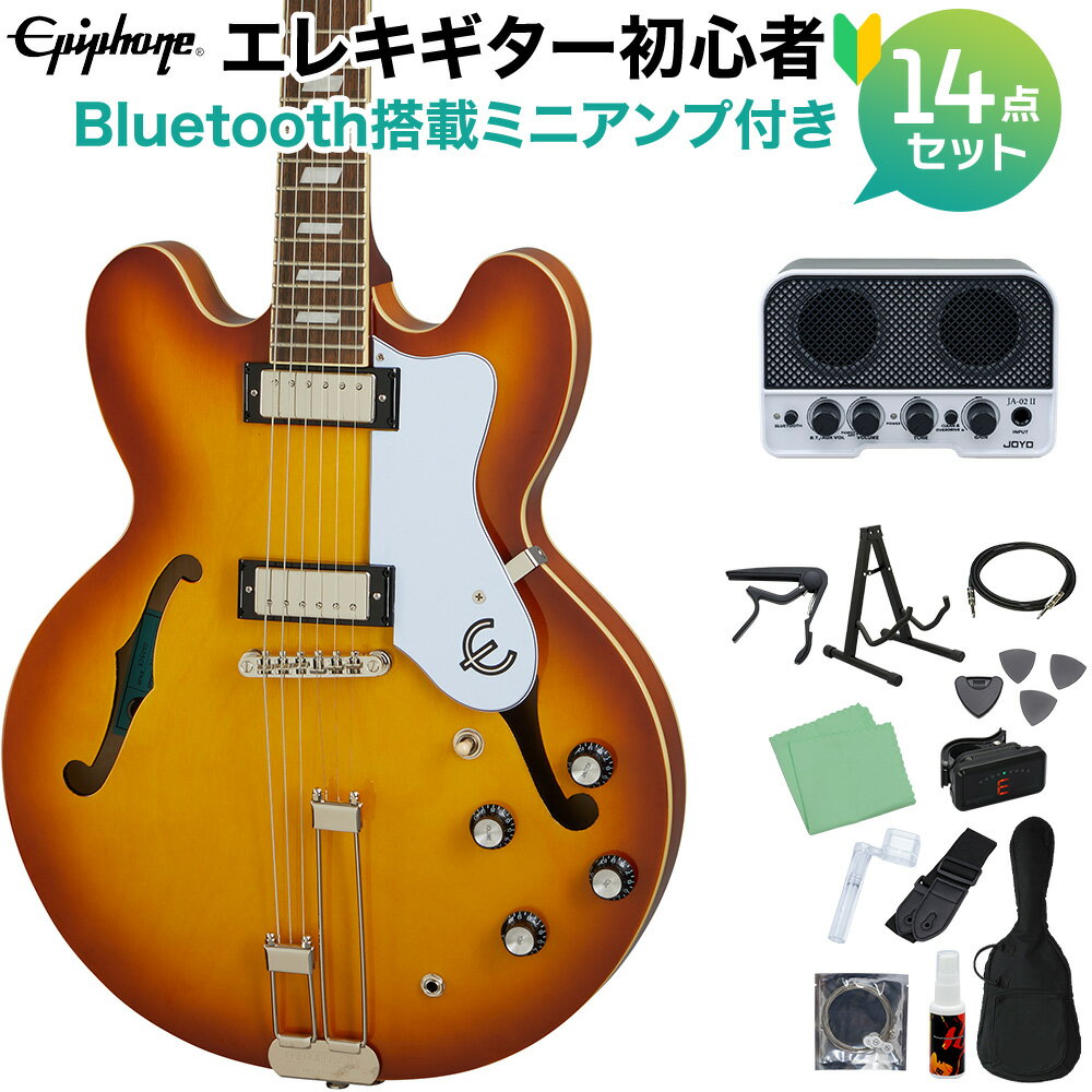 【オンラインストア限定 初心者セット】60年代の不朽の名器が復刻！ 【特徴】エピフォンのオリジナルで不朽の名作の一つであるエピフォン・リビエラが遂にカムバック！ 60年代初頭に初めて登場したエピフォン・リビエラのセミホロウ・デザインは、ブルースをはじめ、あらゆるジャンル、世代のプレイヤーに愛されてきました。ロベン・フォード、オーティス・ラッシュ、ベルベット・アンダーグラウンドのルー・リード、そしてストロークスのニック・ヴァレンシなど、愛用するミュージシャンは皆、リビエラの美しいESボディの形状は、どんなピックアップのバリエーションでも素晴らしい音色を奏でることを知っています。このリビエラの特徴として、メイプル材のトップ、バックとサイド、エピフォンのロゴ“E”があしらわれた3レイヤーのピックガード、エピフォンのアジャスタブルLockTone Tune-O-Maticブリッジとフリークエンセーター・テールピースが搭載されています。カラーはRoyal TanとSparkling Burgundyのフルグロス・フィニッシュをラインアップしています。（ハードケースまたはエピライトケースは別売り）【詳細情報】BodyBody Shape:RivieraBody Material:Layered MapleTop:Layered MapleBack:Layered MapleSide:Layered MapleCenterblock：MapleBinding：Single ply cream - top, back and fretboardFinish：GlossNeckMaterial：MahoganyProfile：Rounded CScale Length：24.72" / 628mmFingerboard Material：Indian LaurelFingerboard Radius：12.01"Number Of Frets：22Frets：Medium JumboNut Material：Graph Tech NuBoneNut Width：1.69" / 43mmInlays：TrapezoidJoint：Glued in; Set NeckHardwareFinish：NickelTuner Plating：NickelBridge：LockTone Tune-O-MaticTailpiece：FrequensatorTuning Machines：Epiphone Vintage Deluxe metal button with press in bushingPickguard：Riviera with foil "E" logo, 3-plyTrussRod：Dual ActionControl Knobs：Black Top Hat knobs with metal insertsSwitch Tip：BlackSwitchwasher：NoneJack Plate Cover：NonePlastic Parts：Black; PVCStrap Buttons：2 - bottom and back of heelMounting Rings：BlackPickup Covers：NickelElectronicsNeck Pickup：Epiphone PRO Mini Humbucker RBridge Pickup：Epiphone PRO Mini Humbucker TControls：2 Volume, 2 Tone, CTS potentiometersPickup Selector：3-way Epiphone toggleOutput Jack：Heavy Duty Epiphone 1/4" Output JackMiscellaneousStrings：.010, .013, .017, .026, .036, .046※エピフォンは製品デザイン・クオリティ・快適な演奏性の実現に向け絶えず改善に努め、常に最良のマテリアルを製品に取り入れられるよう、製品の予告なき仕様変更を行うことがあります。JANコード：0711106043203【bgn_egburst】【bgn_egjoyo】【bgn_egoth】【入門セット】こちらの商品は複数個口でお届けします。お荷物により配達日が異なる場合がございますので予めご了承ください。