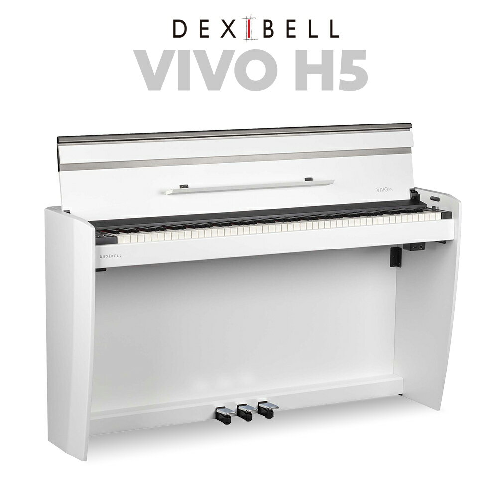 1ランク上の鍵盤ユニットを搭載した、VIVOホームピアノ・シリーズのミドルグレードモデル【特徴】VIVO H5は、エントリーモデルのVIVO H1の基本性能を、フラッグシップモデルのVIVO H10と同じキャビネットに収め、エスケープメント機構を装備した独自のハイブリッド鍵盤を搭載した、Dexibell VIVOホームピアノ・シリーズのミドルグレードモデルです。他のモデル同様に、同社独自のT2Lテクノロジーを採用し、例えばアコースティックピアノの鍵盤やハンマー、ペダルなどが自然に発するメカニカルなノイズまでもすべてサンプリング。それらを、楽器のあらゆるニュアンスを再現するようモデリングし、生楽器に限りなく近いリアルなサウンドを提供します。【自然な弾き心地】木とプラスチックのハイブリッド鍵盤を採用し、音域によって徐々に重さが変化するグレーデッド・ウェイト仕様、象牙加工仕上げ、3接点構造、エスケープメント機構などにより、自然な演奏感を実現しました。【比類なき臨場感】独自のT2L（True 2 Life）技術により、超高音質のピアノの音色はもちろん、ダンパーペダル使用時の様々なレゾナンスやハンマーノイズなど、アコースティックピアノのすべての要素がリアルに再現可能です。【256倍のダイナミクス】24 bit/48 kHzで構成されたT2Lサウンドは、これまでの一般的なデジタルピアノと比べて256倍の解像度を実現。これまで考えられなかった、本物のピアニッシモからフォルティッシモまで、パワフルなダイナミクスを提供します。【無限の発音数】T2L技術により、無制限の発音数を実現しました。それにより、本物のアコースティックピアノと同じように、ダンパーペダルを踏みながら連弾で演奏しても、音が途切れることなくリアルに再現します。【詳細情報】■鍵盤：88鍵盤（TP-400W：グレーデッドウェイト・ハンマーアクション鍵盤、木材とプラスチックのハイブリッド構造、アイボリー＆エボニーフィール、3点接点、エスケープメント）■鍵盤タッチ感度：7段階+FIX■リバーブ：24種類■マスターチューニング：415.4 Hz~466.1 Hz（0.1 Hz単位で調整可） + 440 Hzと442 Hzはプリセット済み■メトロノーム：タップテンポ ＋ スタンダード・テンポ・プリセット x 13■Bluetooth：オーディオ入力機能■サイズ：1420（W）× 385（D）× 787（H）mm■重量：55kgJANコード：4534217736293【epplan_a_kw】