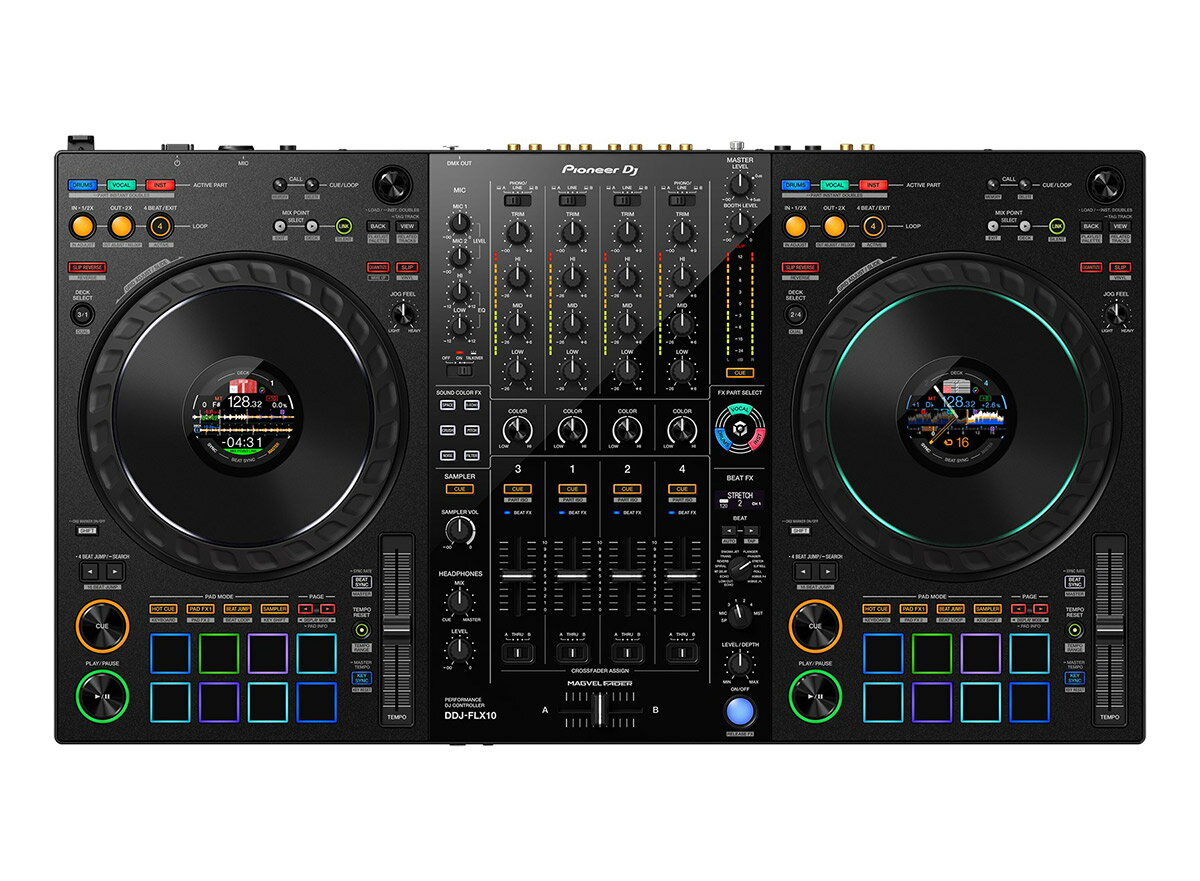 マルチアプリ対応 4ch パフォーマンス DJ コントローラー【特徴】 DDJ-FLX10はDJがダンスフロアで重視するビートとボーカルに着目し、クイックなライブマッシュアップなどの演奏を可能にする新機能を搭載しており、これまで以上にクリエイティブで革新的なパフォーマンスを実現します。革新的なTRACK SEPARATION機能TRACK SEPARATION機能を使用すれば、普段のDJプレイと同じように楽曲をロードするだけで、音楽を構成するVOCAL、DRUMS、INSTのパートごとの操作が可能になります。パートごとにボタンが色分けされているので、常に何が演奏されているかを視覚的に把握することができ、従来のDJ機器では実現できなかった革新的なパフォーマンスを実現します。普段利用している楽曲ライブラリを使って、想像力次第で無限にクリエイティブな演奏を生み出すことが可能です。【】・ACTIVE PART & PART ISOパートごとのミュートや音量コントロールにより、新しいミックスやマッシュアップを実現。・FX PART SELECT特定のパートだけをエフェクトで加工した、リミックスパフォーマンスを実現。・PART INSTANT DOUBLES特定のパートだけを異なるデッキに分離してスクラッチするなどのパフォーマンスを実現。【表示情報のカスタマイズを可能にする進化したON JOG DISPLAY】DJコントローラー「DDJ-1000」から進化したON JOG DISPLAYでは、表示する情報を全4種類から選択できます。 新機能MIX POINT LINKの操作情報、rekordboxボーカル位置解析情報、PERFORMANCE PADSのステータスなど、演奏に必要な情報を手元で確認することができます。さらに、波形は当社フラッグシップマルチプレイヤー「CDJ-3000」同様に、3Band波形（rekordbox使用時のみ）で表示できます。・ DECK INFO MODE：全体波形を含むデッキの情報を表示します。（Serato DJ Pro使用時は、Serato DJ Proのバーチャルデッキを表示します。）・ WAVEFORM MODE：2デッキ分の拡大波形を表示します。・ ARTWORK DISPLAY： 保存されている楽曲のアートワークを表示します。・ DJ LOGO DISPLAY：PC/Mac用のIMAGE TRANSFER TOOLを用いて、お好みの画像を表示します。【楽曲をシームレスかつスムースにつなげる新たなMIX POINT LINK機能】新たに搭載したrekordboxのMIX POINT LINK機能は、ミックス中の楽曲展開をシームレスかつスムースにつなぐことを可能にします。例えば、現在流れている楽曲のサビが終わるタイミングで次の楽曲のサビが始まる、というように、ミックスされている楽曲が切り替わるポイントをリンクさせ、次の楽曲の再生開始を予約することができます。これにより、狙ったタイミングでPLAYボタンを押す手間が省かれ、空いた時間をマッシュアップやエフェクトなどを使用したクリエイティブな操作に使うことができます。【手軽にダイナミックな照明演出を可能にするDMX端子の搭載 】本機は、照明のコントロールに用いるDMX端子をDJコントローラーに搭載したことにより、お手持ちの照明機材と直接つなぐだけでオーディエンスを魅了する照明演出を実現できます。rekordboxのLIGHTING機能と連携することで、楽曲の展開に合わせて、自動的に照明の色や抑揚を制御することができるだけでなく、お好みで照明の色やムードをカスタマイズすることもできます。【DJソフトウェアrekordboxとSerato DJ Proへの対応】rekordboxとSerato DJ Proに対応しているため、最新版のソフトウェアをインストールしたPC/Macと本機を接続するだけで、すぐに演奏が始められます。また、各DJソフトウェアのDVS機能にも対応しています。Serato DJ ProでDVS機能を使用するためには、別途Serato DJ ExpansionsもしくはSerato DJ Suiteを購入する必要があります。【詳細情報】高さ　73.4 mm奥行き　400.3 mm本体質量　6.7 kg 対応ソフトウエア・rekordbox・Serato DJ ProDVS Control・rekordbox (Core plan以上)・Serato DVS（有償アップグレード）付属品・電源コード・ACアダプター・USB Type-Cケーブル・Seratoバウチャー（Pitch 'n Time DJ）・クイックスタートガイド・使用上のご注意・保証書主な仕様再生周波数帯域　20 - 20000 Hz幅　716 mm高さ　73.4 mm奥行き　400.3 mm本体質量　6.7 kgサウンドカード　24 bit/44.1 kHzS/N比　110 dB全高調波歪率　0.002 %以下 (USB)消費電流　DC 12 V, 3 000 mAパフォーマンス・コントロールチャンネル数　4DECKコントロール　4ジョグサイズ (最大外形寸法)　206 mmBEAT FX・Low Cut Echo・Echo・MULTI TAP DELAY・Spiral・Reverb・Trans・Enigma Jet・Flanger・Phaser・Stretch・Slip Roll・Roll・MOBIUS (SAW)・MOBIUS (TRIANGLE)Sound Color FX・Space・Dub Echo・Crush・Pitch・Noise・FilterSampler　16スロットx 4バンクHot Cues　16rekordbox パッドモード・Hot Cue・Pad FX 1・Beat Jump・Sampler・Keyboard・Pad FX 2・Beat Loop・Key ShiftSerato パッドモード・Hot Cue・Pad FX・Beat Jump・Sampler・Pitch Play・Roll・Auto Loop・Key Shift端子入力端子・2 LINE (RCA)・2 PHONO/LINE (RCA)・1 MIC (XLR & 1/4 inch TRS Jack)・1 MIC (1/4 inch TRS Jack)出力端子・1 MASTER (XLR)・1 MASTER (RCA)・1 BOOTH (1/4 inch TRS Jack)・1 PHONES (1/4 inch stereo phone Jack)・3.5 mm stereo mini jack x 1DMX　1 XLR connector (3pins)USB　2 USB C端子 JANコード：4573201242549【FLX10set_kw】