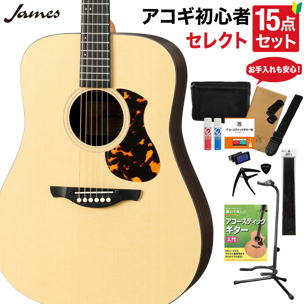 【レビューでギター曲集プレゼント】 James J-1D アコースティックギター 教本・お手入れ用品付きセレクト15点セット 初心者セット アジャスタブルサドル 簡単弦高調整 ドレッドノート ジェームス