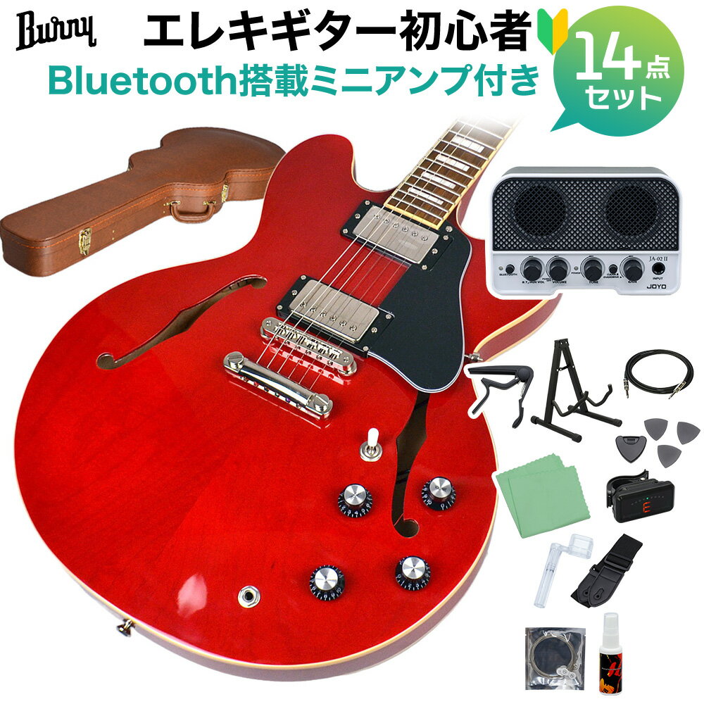 Burny SRSA65 Cherry エレキギター初心者14点セット 【Bluetooth搭載ミニアンプ付き】 セミアコ ES-335タイプ ホロウボディ バーニー SRSA-65【ハードケース付属】