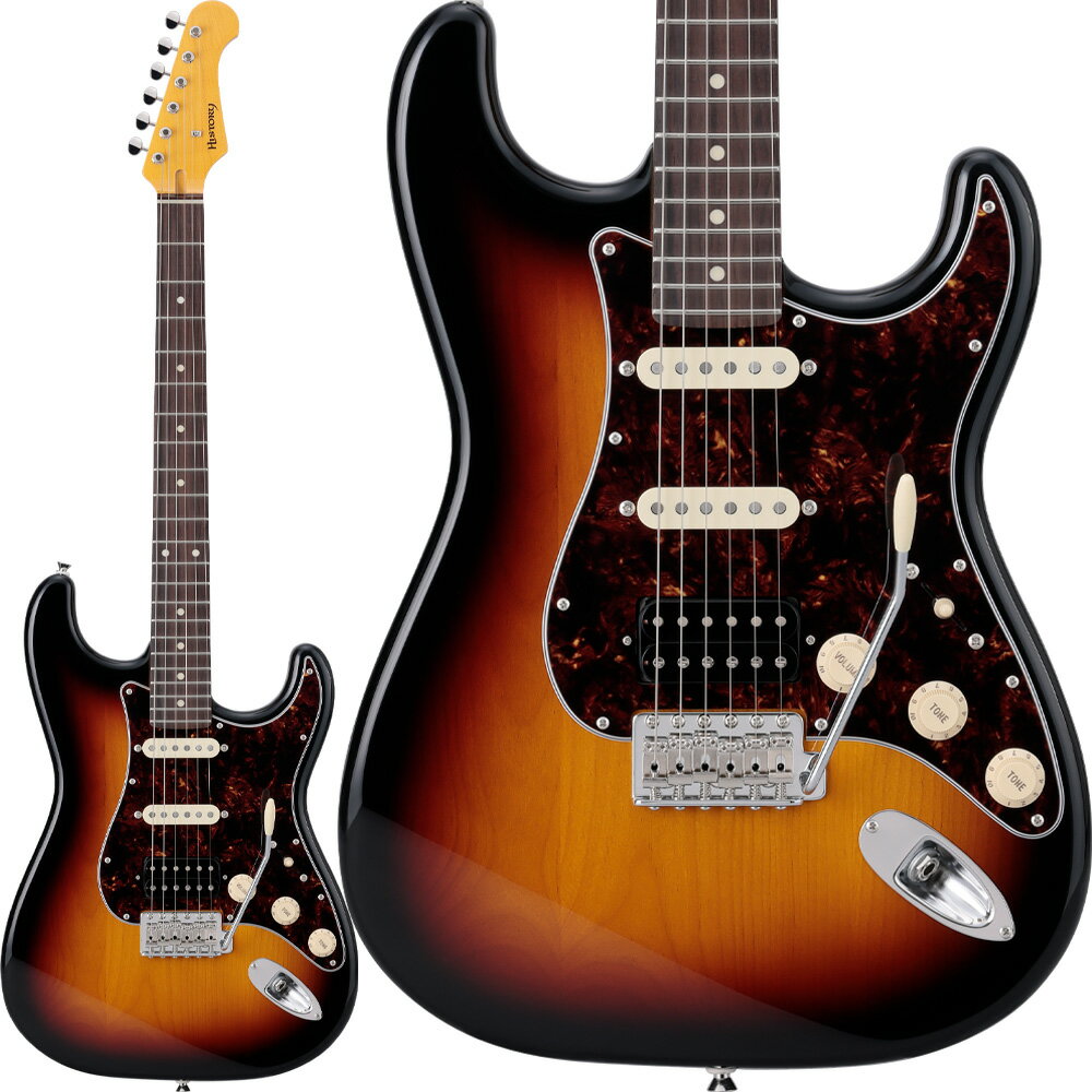 日本製の丁寧なつくりと弾きやすさ、SSH配列ピックアップによる幅広いサウンドバリエーションが特徴。快適な演奏性のスタンダード・モデル【特徴】伝統的なデザインの中に、より快適に演奏するための工夫とより現代の音楽シーンにマッチするサウンドを詰め込んだHISTORY Standardシリーズ。スリムで握りやすく、ローポジションのコード弾きからハイポジションの単音弾きまでの演奏性を考慮した新設計のネックグリップ、ハイポジションの大胆なヒールカット。ピックアップはロックテイストを意識しながらも、今の音楽シーンに幅広く対応できるよう汎用性の高いSSH配列で搭載しました。トラスロッドはダブルアクション方式により順反り/逆反りの両方に対応し、ネックを外さずいつでも調整できる仕様です。保証期間は3年間。全国の島村楽器でサポートを受けられるので、長く安心してご愛用いただけます。【ロックテイスト溢れるSSHレイアウトピックアップ】シングルコイル2基とハムバッカーの組み合わせで、クリーンから歪みまで豊富なサウンドバリエーションに。HISTORY Standardシリーズのピックアップは音の粒が揃って弾きやすく、アンプやエフェクターの歪みとも相性が良いです。【シングルモード・スイッチ】トーンノブを引き上げるとハムバッカー・ピックアップの片側コイル出力を80％程度カットする「シングルモード・スイッチ」。これによりシングルコイル同様のキレのあるトーンながら、よりファットで芯のあるサウンドに切り替えられます。【優れた音程と豊かな音抜けをもたらすC.F.S.】フレットは、僅かに円弧状に打ち込まれたC.F.S.（サークル・フレッティング・システム）を採用。国内トップクラスのフジゲン工房による高い技術力での独自仕様で、理論上の各弦のスケール（音程）をより正確なものとし、確かな音程感と音抜けの良さを実現しています。1.　各弦と各フレットが直角に交差するため、単音においてもコードにおいても音の抜けがよく、音の立ち上がりも良くクリアーなサウンドが得られ、アンサンブル時の存在感も高まります。2.　サスティーン（鳴らした際の音の伸び）が豊かになります。【ネックを外さずにメンテナンス可能なトラスロッド】ネックの反りを調節するトラスロッドの調整口を、ヘッド（ナット）側に用意。ネックを外さず、環境変化に合わせていつでも調整可能です。ダブルアクション方式で順反り/逆反りの両方に対応しており、長く安心して楽器をご愛用いただけます。【「あと半音欲しい」に応える22フレット仕様】ストラトスタイルの一般的なギターに比べて1フレット増しとなる22フレットを採用。レスポールタイプと同じフレット数になることで、演奏出来る楽曲の幅が広がります。指板のR（ラディアス）は近年のプレイスタイルにマッチするように250Rとしました。【詳細情報】ボディ：アルダーボディ仕上げ：ポリエステルネック：メイプル1P／シームレス・ソフト・VUシェイプネック仕上げ：スムースグリップ指板：ローズウッドネックジョイント：Easy Access Joint Type Iペグ：GOTOH SD91/Solid Post（特注品）ナット/ナット幅：牛骨/42mmフレット：C.F.S. 22F/DHP (SBB214Type)フロントピックアップ：HISTORY Standard PickUp Type-Sミドルピックアップ：HISTORY Standard PickUp Type-S ※Reverse polarityリアピックアップ：HISTORY Standard PickUp Type-H/bridgeコントロール：マスターボリューム、フロント＆ミドルトーン、リアトーン (シングルモード・スイッチ)、5WAYレバースイッチブリッジ：S88使用弦：HISTORY EH0942C (009-042）スケール：648mm重量：3.6kg付属品：ソフトケース、レンチ、保証書保証期間：3年JANコード：4514812109210【3】【Tone】【Sunburst】【3トーンサンバースト】