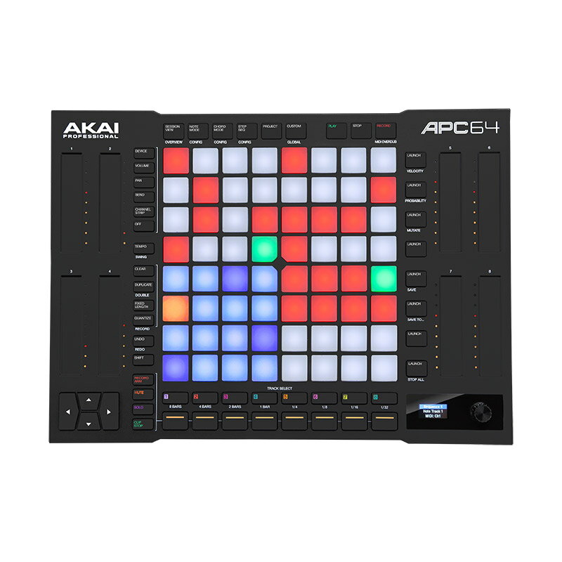 シーケンサー/タッチストリップ搭載 Abelton Live コントローラー【特徴】APC64 は、新しい領域に到達したコントロールとパフォーマンスを提供するパワフルな次世代Ableton コントローラーです。64 個のベロシティ& ポリアフタータッチ対応のRGB パッド、ユーザー定義可能な8 つのタッチストリップ、革新的な内蔵ステップシーケンサーなどを備えたAPC64 は、まさにハードウェアによるAbleton Liveのコントロールの未来です。Ableton Liveの細部に渡るコントロール・クリップの起動、ノートの演奏、ビートの作成、パターンのシーケンス用のポリアフタータッチ付きベロシティ対応パッド×64・デバイス、エクスプレッション、ミキシングといった用途に利用可能なユーザー定義可能なタッチストリップ×8・エンコーダーとカラーディスプレイを搭載しリアルタイムに視覚的フィードバックを提供【】プロダクションでもパフォーマンスでも活躍するパワフルな機能・ノートおよびコードの演奏、DrumRackのトリガー、Liveのセッションビューの制御・Live上でメロディーやドラムパターンを作成できるシーケンサーモード・MIDIをAbleton Clip Matrixに転送するためのSend to Clipの統合・トリガー確率、ベロシティ、ミューテート機能によりクリエイティブな実験感覚の作曲に対応・トラックに個別のスイング、長さ、分解能の設定が可能・バックライト付きボタンにより、Liveの機能に素早くアクセス可能・再生、停止、録音ボタンを備えた専用のトランスポートコントロールを搭載・セッション情報を即座にフィードバックするフルカラーディスプレイを搭載スタンドアロンシーケンサーと外部ハードウェアのコントロール・コンピューターを必要とせずシンセサイザーやドラムマシンの制御可能な3.5mm MIDI端子×3・モジュラーシンセサイザーに接続しコントロール可能なCV/Gate出力端子×8・ステップシーケンサーのプログラミングやパッドによるトリガーイベントのためのパッド、タッチストリップによる連続的なコントロールデータの送信に対応・APC64には、RGBカラーを自由に割り当てることができるカスタムモードを含む、スタンドアロンでパラメーターの編集や管理するためのソフトウェアアプリケーションが付属していますAbleton Live Liteとプラグインコレクション・箱から取り出してすぐにAPC64とシームレスに動作するAbleton Live Liteが付属・Live Liteには、サウンド、インストゥルメント、シーケンス、レコーディング、アレンジメント機能が含まれています・Air InstrumentsおよびSonivoxによるプラグインスイートを収録(クラシックキーボード、シンセサイザー、リバーブ、ボーカルプロセッサー、ビンテージエフェクトなどを含む)・Sampletools by CR2 Recordsによる1GB相当のループ＆ドラムサンプルを付属【Ableton Live の細部に渡るコントロール】APC64 は、音楽制作やライブパフォーマンスのために、Ableton Live を細部に渡ってコントロールできます。8×8 パッドマトリックスには、64 個のベロシティ対応の自照式のRGB パッドが搭載されており、暗がりのスタジオでも ライトで明るく照らされたステージ上でもクリップの起動やその他の操作も思いのままです。8 個のユーザー定義可 能なタッチ・ストリップ・コントローラーでさらなるパフォーマンスの表現力を与えます。ビブラート、モジュレーション、フィルターカットオフといったさまざまなパラメーターを瞬時にコントールできます。 ボリュームやエフェクトセンドの調節といった操作を寸分違わずミックスに反映することができ、コントロールして いるパラメーターや現在の階層といった情報はACP のカラースクリーンからいつでも確認できます。【プロダクションでもパフォーマンスでも活躍するパワフルな機能】APC64はパワフルな作曲ツールです。8×8パッドマトリックスを表現力豊かな音楽パレットに変貌させるノートモー ドやコードモードを使って、ユニークなメロディやコード進行を作り出すことができます。インスピレーションを得 るための手助けに、発音確率機能やミュート機能を試して、音楽を予期せぬ方向へ導き、内蔵の8 トラック32 ステッ プシーケンサーでその成果を即座にキャプチャーします。【詳細情報】APC64は、Ableton 11.x*以降のバージョンで事前にマッピングが適用されます。ディスプレイ・グラフィカル・フル・カラーLCD接続・USB-C ・3.5 mm CV/Gate×8・3.5 mm MIDI出力×2・3.5 mm MIDI入力×1外形寸法・272×371×34.5 mm重量・1.6 kgソフトウェア・Ableton LiveのコントロールにはLive 11以降のバージョンが必要です。JANコード：0694318025741