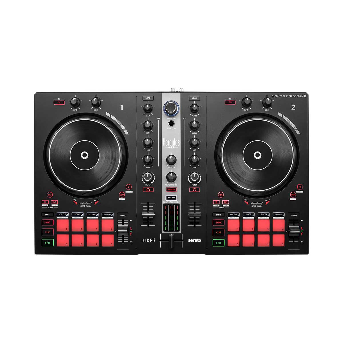 2デッキUSB DJコントローラー【特徴】Inpulse 300 MK2は、独自のBEATMATCH GUIDE機能を使用することで簡単にDJ PLAYを行うことが可能です。Serato DJ LiteとDJUICEに対応し、スタンダードなDJコントローラーのレイアウトを備え、16個のパッドと8つのモードを使用して、DJ PLAYを行うことができます。スリムで滑らかなタッチセンサージョグホイールは、スクラッチも簡単に行えます。Inpulse 300 MK2は、これからDJを始めたいユーザーがミキシングを学ぶのに最適な最も充実したコントローラーです。Serato DJ LITE対応。Serato DJ Proで使用するには有料版のSerato DJ Proが必要です。【詳細情報】内蔵オーディオオーディオインターフェース内蔵マスター出力（スピーカー）：2 x RCAヘッドホン出力：1/8" / 3.5 mmステレオミニジャックオーディオ解像度：44.1 kHz / 24 bitコントロール（各デッキ）タッチ検出機能付きジョグホイール8パッド × 8モード（ホットキュー、ロール、スライサー…）ボタン＋2ノブ（デプス、ビート）付きFXラックスリップ、クオンタイズ、オートループ、ループ・イン／アウト・ボタンビートマッチガイドミキサー・コントロールフィルターノブ × 1、EQノブ × 3、ゲインノブ × 1、ボリュームフェーダー × 1クロスフェーダーマスターVUメーターマスターボリュームノブ、ヘッドフォンボリュームノブ1VUメーターミュージックライブラリーのコントロール：ロータリー・エンコーダー＋ロード・ボタン × 2＋アシスタント・ボタンビートマッチガイドテンポガイド：各テンポフェーダー横のライトガイドビートアラインガイド：各ジョグホイールの下にあるライトガイドIMA（インテリジェント・ミュージック・アシスタント）DJUCEDのアシスタントは、あなたのミュージックライブラリとBeatport LINK、Beatsource LINKから、これから再生するのに適した楽曲を提案します。アシスタントを有効にすると、Serato DJ Liteのオートプレイが起動します。DJUCEDのエネルギー機能は、パーティーのエネルギーレベルに合わせて選曲するのに役立ちます。ソフトウェアSerato DJ Lite業界標準Serato DJ Proのエントリーバージョン高い信頼性と操作性Serato DJ Proに（有償）アップグレード可能DJUCEDHercules独自のパワフルで使いやすいDJソフトウェアHeculesコントローラーを接続することでフル機能をアンロックSerato DJ Pro互換同梱品Hercules DJControl Inpulse 300 MK2本体USB ケーブル取扱説明書保証書一般サイズ：48 x 28.6 x 5.2 cm質量：約1.8 kgJANコード：3362934746445