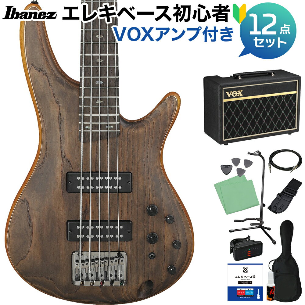 高級感のあるウッディな質感のIbanez5弦ベース【島村楽器限定モデル】【特徴】Ibanezを象徴するSRシェイプ、Ibanez最上位モデル5000シリーズを彷彿させるルックスの島村楽器オリジナルモデル。EQスイッチはカタログモデルに存在しないON/OFFスイッチを採用し、電池無しでも出力が可能です。【アッシュ・トップ / ウォルナット / ニャトー材の積層ボディ】ゆたかな中低音域特性に加え、アッシュ材TOPのパンチを加えたわかりやすいサウンドです。PrestigeモデルやPremiumモデルで採用した積層ボディのウッディな高級感も特徴です。【ジャトウバ材/ウォルナット材 5pcネック】コンパクトが身上のSRネックを、堅牢な5ピース構成で実現しかつトータルデザインにも配慮しています。【パンガ・パンガ材指板/SRスペシャル・アヴァロン・ポジション・インレイ】上位モデルと同じくウェンジ系材の指板、さらに上位モデルと同じ指板インレイを採用しています。【Ibanez Power Span デュアル・コイル・ピックアップ】その名の通りパワーあふれたデュアル・コイルPUで、構造上ノイズからも強いです。【詳細情報】Neck:5pc Jatoba/Walnut neckBody:Ash top, Walnut / Nyatoh bodyFretboard:Bound Panga Panga fretboard w/Avalon SR Special inlayFret:Medium fretsBridge:Accu-cast B120 bridge (19mm string spacing : 4st, 16.5mm string spacing : 5&6st)Neck pickup:Ibanez PowerSpan Dual Coil neck pickupBridge pickup:Ibanez PowerSpan Dual Coil bridge pickupEqualiser:Ibanez Custom Electronics 3-band EQ w/EQ ON-OFF switchHardware color:Cosmo BlackStrings gauge:.045/.065/.085/.105/.130 (D'Addario EXL165+.130) JANコード：4549763355966【bgn_ebbrown】【bgn_eboth】【bgn_ebvox】