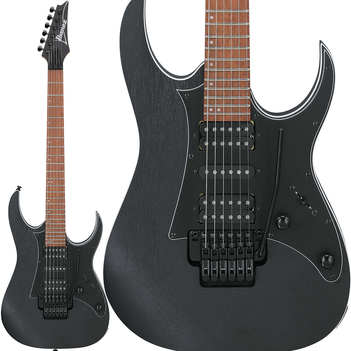 ハイ・コストパフォーマンス Ibanez Standard RG新モデル【ホワイトバインディング】【ダブルロッキング・トレモロ搭載】【特徴】【メイプル材 ネック / Wizard III シェイプ】ネックの素材としてはメジャーな、硬質で強度が高いメイプル材を採用。アタックとサスティーンに富み、張りのある”パリッ”とした高音域サウンドが特徴です。薄い握り心地と握り易さを追求し、抜群のプレイアビリティを約束する”Wizard III”ネック・シェイプを採用。【ジャトバ材 指板】赤褐色の木肌と木目を持つ硬質な木材で、ふくよかな中音域が特長です。【メランティ材 ボディ】中音域からやや低音域の特性に富んだ、明るくふくよかな音色と甘めのトーンが特徴です。古くから家具材や建築材料にまで幅広く扱われ、”フィリピン・マホガニー”と称される木材です。ホワイト・バインディングを巻き、輪郭を際立たせています。【Edge-Zero II トレモロ・ブリッジ】激しいアーム・プレイを多用しても高いチューニングの安定性を誇るEdge-Zero II トレモロ・ブリッジを搭載。ユニット本体がピッキングの妨げにならない様にロー・プロファイル設計されていることも大きな特徴です。【詳細情報】- Neck type Wizard III Maple neck- Body Meranti body- Fretboard Jatoba fretboard w/ Off-set white dot inlay- Fret Jumbo fret- Bridge Edge-Zero II tremolo bridge- Neck pickup Quantum (H) neck pickup- Middle pickup Quantum (S) middle pickup- Bridge pickup Quantum (H) bridge pickup- Controls, Pickup Selector 1 Volume, 1 Tone, 5-way lever switch- Hardware color Black- Strings gauge .009/.011/.016/.024/.032/.042 (D'Addario EXL120)JANコード：4549763353016