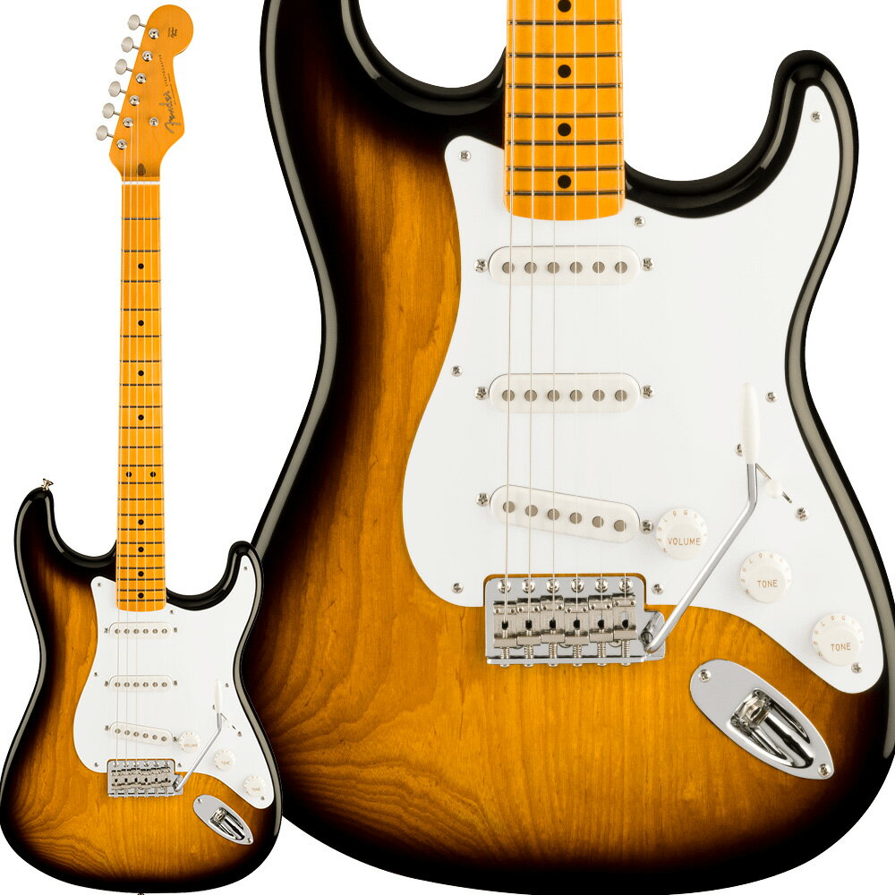Fenderから70th Anniversary American Vintage II 1954 Stratocasterが登場【特徴】70th Anniversary 1954 Stratocasterは、伝説的なギターアイコンが70年前に誕生した出来事を記念するモデルです。ニトロセルロースラッカーで仕上げられた2ピースアッシュボディは、ヴィンテージの魅力に満ち溢れています。ヴィンテージフレットを採用した7.25インチラジアス指板の1ピースメイプルネックは、何十年もの間、プレイヤーに愛され続けてきたスムーズな演奏性を提供します。70th Anniversary 1954 Single-Coil Stratピックアップは、ストラトキャスターならではの煌めくクリーントーンから、艶かしいドライヴサウンドまでの幅広いサウンドを奏でます。その他、コールドロールドスチールブロックとベンドスチールサドルを備えた、ヴィンテージ仕様を忠実に再現したシンクロナイズドトレモロ、Fender Deluxeチューニングマシン、年代に忠実なピックアップカバー、スイッチチップ、コントロールノブを採用した1-plyピックガードといったディテールをフィーチャーしています。【詳細情報】Body Material：AshBody Finish：Gloss Nitrocellulose LacquerNeck：1-Piece Maple, 1954 “C”Neck Finish：Gloss Nitrocellulose LacquerFingerboard：Maple, 7.25” (184.1 mm)Frets：21, Vintage-StylePosition Inlays：Black Dot (Maple)Nut (Material/Width)：Bone, 1.625” (41.3 mm)Tuning Machines：Vintage-StyleScale Length：25.5” (64.77 cm)Bridge：Pure Vintage Synchronized Tremolo with Bent Steel SaddlesPickguard：1-Ply WhitePickups：70th Anniversary 1954 Single-Coil Strat (Bridge), 70th Anniversary 1954 Single-Coil Strat (Middle), 70th Anniversary 1954 Single-Coil Strat (Neck)Pickup Switching：3-Position Blade：Position 1. Bridge Pickup, Position 2. Middle Pickup, Position 3. NeckPickup Controls：Master Volume, Tone 1. (Neck/Middle Pickups), Tone 2. (Bridge Pickup)Control Knobs：White PlasticHardware Finish：Nickel/ChromeStrings：Fender USA 250R Nickel Plated Steel (.010-.046 Gauges), PN 0730250406Case/Gig Bag：Vintage-Style Tweed with Embroidered 70th Anniversary LogoJANコード：0717669564155