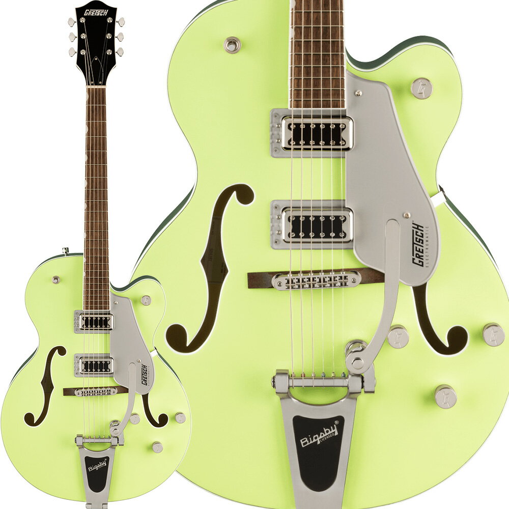 Gretsch Electromatic Collection セミアコギター【特徴】洗練されたアーチ構造と、フィードバックを抑制するトレッスルブロックブレーシングを備えた、ヴィンテージギターにインスパイアされた外観のラミネートメイプルボディを採用しています。ボディトップとバックの剛性と接触効率を改善するトレッスルブロックデザインにより、サウンドの明瞭度、歯切れの良さ、そしてサスティンが増強さえれており、より速いアタックが得られます。またFT-5E Filter'Tronピックアップが、フルボディサウンドのパンチ感、クラシックな煌びやかさ、存在感、明瞭度、音の輪郭をさらに際立たせます。12インチラジアスのローレル指板を採用した新設計の"C"シェイプメイプルネックは、快適な弾き心地で演奏性とパフォーマンスを向上させます。コントロール部には、トレブルブリード回路付きマスターボリューム、マスタートーン、各ピックアップのボリュームコントロール、3ポジションピックアップトグルスイッチなど、多彩なアップグレードをフィーチャーしています。【詳細情報】ボディ：Laminated Mapleボディフィニッシュ：Glossボディトップ：Arched Laminated Mapleボディバインディング：White with B/W/B Purflingボディシェイプ：Electromatic Hollow Bodyボディバック：Arched Laminated Mapleコントロールノブ：G-Arrowフィンガーボード：Laurelハードウェアフィニッシュ：Nickelピックガード：Silver Plexi w/ Black Gretsch & Electromatic Logosポジションインレイ：Pearloid Neo-Classic Thumbnailネックフィニッシュ：Glossネック：Set-Neckネックピックアップ：FT-5E Filter’Tronウェイスト：9.625" (244.48 mm)ブリッジカバー/テイルピース：Bigsby B60ブレイシング：Trestle Blockアッパーバウト：11.625" (295 mm)ローワーバウト：16" (406 mm)ナット：Graph Tech NuBoneブリッジピックアップ：FT-5E Filter’Tronコントロール：Volume 1. (Neck Pickup), Volume 2. (Bridge Pickup), Master Volume with Treble Bleed, Master Toneピックアップスイッチ：3-Position Toggle: Position 1. Bridge Pickup, Position 2. Bridge And Neck Pickups, Position 3. Neck Pickupブリッジ：Adjusto-Matic with Secured Laurel Baseチューニングマシーン：Vintage-Style Open-Backストリング：Nickel Plated Steel (.011-.049 Gauges)JANコード：0717669886936【23Gre_sscan】