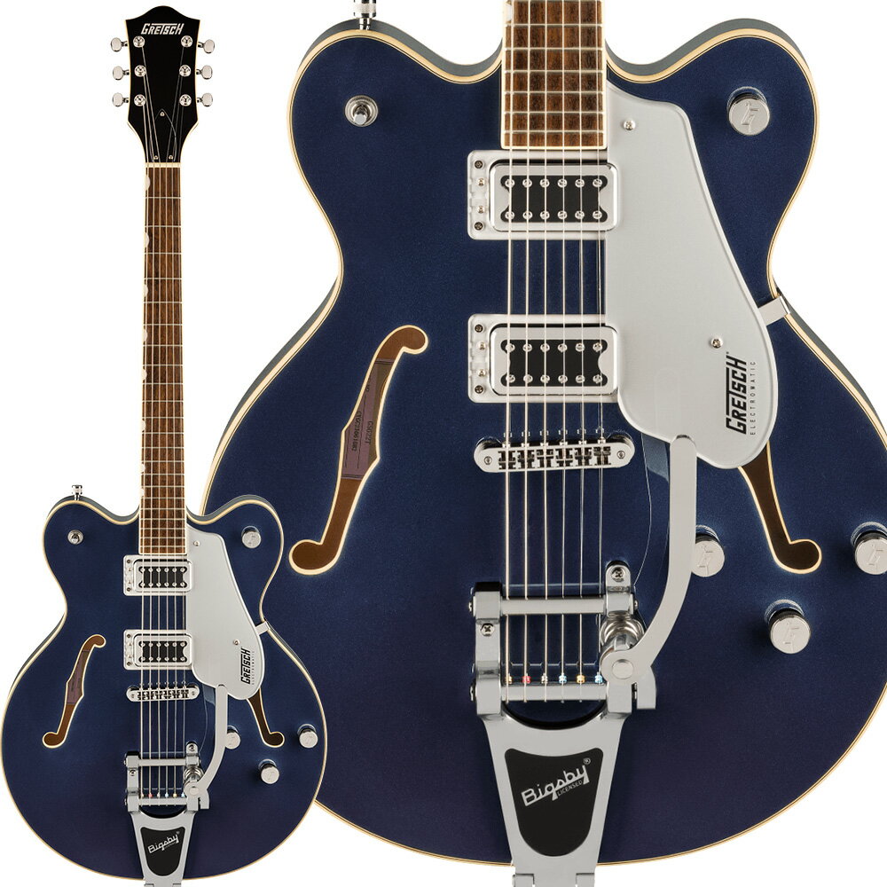 Gretsch Electromatic Collection セミアコギター【特徴】洗練されたアーチ構造と、フィードバックを抑制するトレッスルブロックブレーシングを備えた、ヴィンテージギターにインスパイアされた外観のラミネートメイプルボディを採用しています。ボディトップとバックの剛性と接触効率を改善するトレッスルブロックデザインにより、サウンドの明瞭度、歯切れの良さ、そしてサスティンが増強さえれており、より速いアタックが得られます。またFT-5E Filter'Tronピックアップが、フルボディサウンドのパンチ感、クラシックな煌びやかさ、存在感、明瞭度、音の輪郭をさらに際立たせます。12インチラジアスのローレル指板を採用した新設計の"C"シェイプメイプルネックは、快適な弾き心地で演奏性とパフォーマンスを向上させます。コントロール部には、トレブルブリード回路付きマスターボリューム、マスタートーン、各ピックアップのボリュームコントロール、3ポジションピックアップトグルスイッチなど、多彩なアップグレードをフィーチャーしています。【詳細情報】ボディ：Laminated Mapleボディフィニッシュ：Glossボディトップ：Arched Laminated Mapleボディバインディング：Aged White with B/W/B Purflingボディシェイプ：Center Blockボディバック：Arched Laminated Mapleコントロールノブ：G-Arrowフィンガーボード：Laurelハードウェアフィニッシュ：Nickelピックガード：Silver Plexi w/ Black Gretsch & Electromatic Logosポジションインレイ：Pearloid Neo-Classic Thumbnailネックフィニッシュ：Glossネック：Set-Neckネックピックアップ：Black Top Broad'Tronブリッジカバー/テイルピース：Bigsby B70ブレイシング：Center Blockナット：Graph Tech NuBoneブリッジピックアップ：Black Top Broad’Tronコントロール：Volume 1. (Neck Pickup), Volume 2. (Bridge Pickup), Master Volume, Master Toneピックアップスイッチ：3-Position Toggle: Position 1. Bridge Pickup, Position 2. Bridge and Neck Pickups, Position 3. Neck Pickupブリッジ：Anchored Adjusto-Maticチューニングマシーン：Die-Cast Sealedストリング：Nickel Plated Steel (.010-.046 Gauges)JANコード：0717669887230【23Gre_sscan】