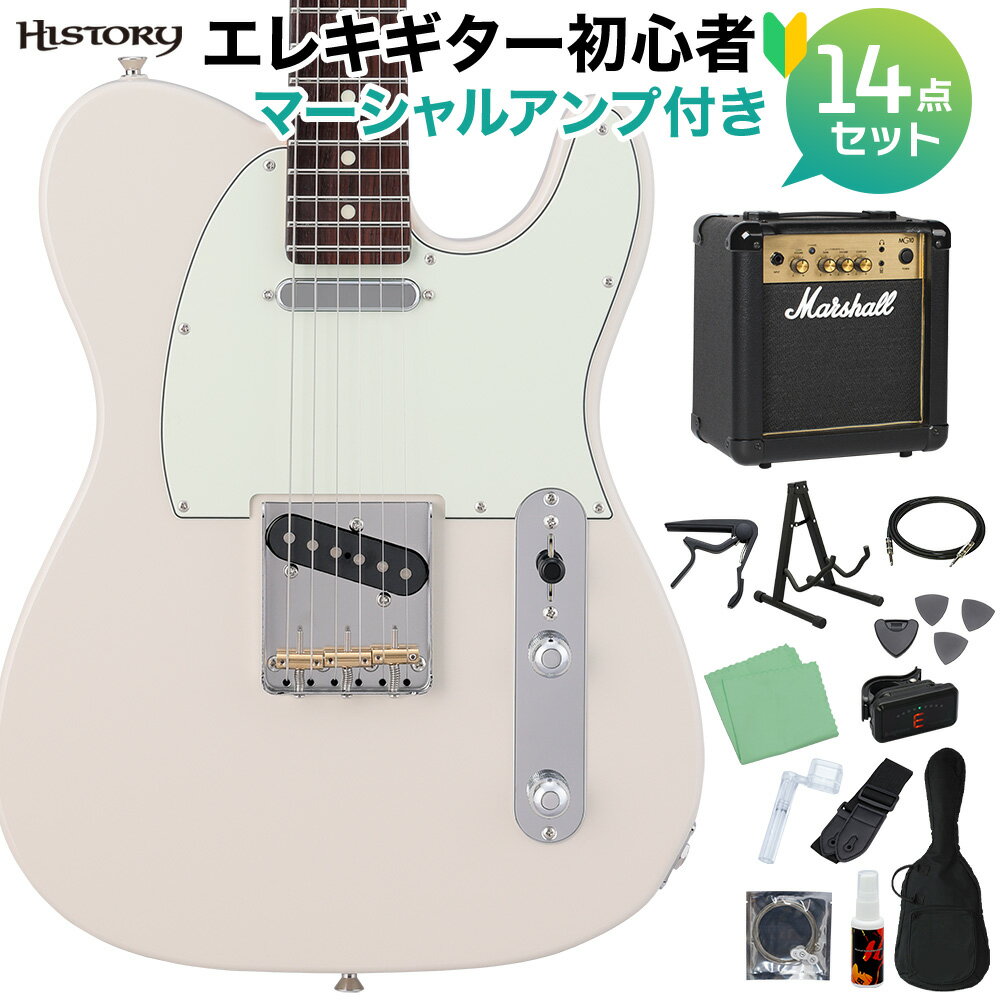 【島村楽器WEBSHOP限定】HISTORYならではの快適な演奏性にヴィンテージテイストをミックスしたハイブリッドモデル 初心者セット【特徴】HISTORY Standardシリーズの快適な演奏性はそのままに、ヴィンテージテイストあふれるスペックを盛り込んだのが、このVintage-Collectionです。スリムで握りやすく、ローポジションのコード弾きからハイポジションの単音弾きまで快適なフィンガリングのために設計したネックグリップ、ハイポジションでの快適さを高めるヒールカット・ジョイントなど演奏性に関わる部分には現代的なアプローチを。やや出力を抑えたピックアップ、特殊な回路を使わないシンプルなコントロール、すり割り軸のペグなど、サウンドやルックスはヴィンテージ的なアプローチをしています。初めての方の1本にも、今とは違うタイプのギターを弾きたい経験者にもオススメできる1本です。軽量なバスウッドボディボディ材は、比較的軽量で取り回しの良いバスウッド材を採用。癖が無くフラットで扱いやすいトーンを持ち、エフェクターやアンプとの相性にも優れています。シームレス・ソフト・VUシェイプネック／サテン仕上げローポジションからハイポジションで、コード演奏に適したソフトVシェイプから単音弾きに適したUシェイプへと無段階に変化するグリップ形状を採用。サラサラなサテン仕上げを採用しており、汗によるネックのべたつきも気になりません。"Heel Cut Joint"方式によるネックジョイント手のひらが当たる部分を丸くカットしたオリジナルのジョイントプレートを使用。このVintage-Collectionでは、あえてボディ側のカットを最小限にとどめたデザインを採用し伝統的なサウンドの再現を意識しています。一流ブランド製の電装パーツボリューム＆トーンポットにはCTS社製、アウトプットジャックにはSWITCHCRAFT社製と本場アメリカの一流ブランドパーツを採用。ともに酷使される箇所であり優れた品質と耐久性、サウンドにも妥協はありません。安心の国産ハードウェアチューニングの精度やサウンドの肝となる、ペグとブリッジには共に日本製パーツを採用。細かなネジ一つ一つが高い精度で製作されており、ガタつきや遊びの少ないしっかりとしたつくりが特徴です。【詳細情報】ボディ：バスウッドボディ仕上げ：ウレタンネック：メイプル1P／シームレス・ソフト・VUシェイプネック仕上げ：ウレタン/サテン仕上指板：ローズウッド/250Rネックジョイント：ボルトオン(ヒールカット・ジョイント)ペグ：GOTOH SD91-05Mナット/ナット幅：牛骨/42mmフレット：22F/DHPフロントピックアップ：HISTORY Standard PickUp Type-TV/nミドルピックアップ：-リアピックアップ：HISTORY Standard PickUp Type-TV/bコントロール：マスターボリューム, マスタートーン, 3WAYレバースイッチブリッジ：TP-T6B (Brass 3saddles)使用弦：D’Addario EXL120 (009-042）スケール：648mm付属品：ソフトケース、レンチ、保証書保証期間：3年JANコード：4514812110865【bgn_egmsl】【bgn_egwhite】【bgn_egtl】こちらの商品は複数個口でお届けします。お荷物により配達日時が異なる場合がございますので予めご了承ください。