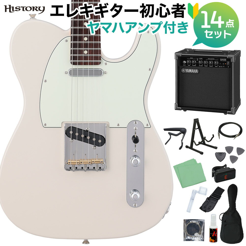 【島村楽器WEBSHOP限定】HISTORYならではの快適な演奏性にヴィンテージテイストをミックスしたハイブリッドモデル 初心者セット【特徴】HISTORY Standardシリーズの快適な演奏性はそのままに、ヴィンテージテイストあふれるスペックを盛り込んだのが、このVintage-Collectionです。スリムで握りやすく、ローポジションのコード弾きからハイポジションの単音弾きまで快適なフィンガリングのために設計したネックグリップ、ハイポジションでの快適さを高めるヒールカット・ジョイントなど演奏性に関わる部分には現代的なアプローチを。やや出力を抑えたピックアップ、特殊な回路を使わないシンプルなコントロール、すり割り軸のペグなど、サウンドやルックスはヴィンテージ的なアプローチをしています。初めての方の1本にも、今とは違うタイプのギターを弾きたい経験者にもオススメできる1本です。【軽量なバスウッドボディ】ボディ材は、比較的軽量で取り回しの良いバスウッド材を採用。癖が無くフラットで扱いやすいトーンを持ち、エフェクターやアンプとの相性にも優れています。【シームレス・ソフト・VUシェイプネック／サテン仕上げ】ローポジションからハイポジションで、コード演奏に適したソフトVシェイプから単音弾きに適したUシェイプへと無段階に変化するグリップ形状を採用。サラサラなサテン仕上げを採用しており、汗によるネックのべたつきも気になりません。【"Heel Cut Joint"方式によるネックジョイント】手のひらが当たる部分を丸くカットしたオリジナルのジョイントプレートを使用。このVintage-Collectionでは、あえてボディ側のカットを最小限にとどめたデザインを採用し伝統的なサウンドの再現を意識しています。【一流ブランド製の電装パーツ】ボリューム＆トーンポットにはCTS社製、アウトプットジャックにはSWITCHCRAFT社製と本場アメリカの一流ブランドパーツを採用。ともに酷使される箇所であり優れた品質と耐久性、サウンドにも妥協はありません。【安心の国産ハードウェア】チューニングの精度やサウンドの肝となる、ペグとブリッジには共に日本製パーツを採用。細かなネジ一つ一つが高い精度で製作されており、ガタつきや遊びの少ないしっかりとしたつくりが特徴です。【詳細情報】ボディ：バスウッドボディ仕上げ：ウレタンネック：メイプル1P／シームレス・ソフト・VUシェイプネック仕上げ：ウレタン/サテン仕上指板：ローズウッド/250Rネックジョイント：ボルトオン(ヒールカット・ジョイント)ペグ：GOTOH SD91-05Mナット/ナット幅：牛骨/42mmフレット：22F/DHPフロントピックアップ：HISTORY Standard PickUp Type-TV/nミドルピックアップ：-リアピックアップ：HISTORY Standard PickUp Type-TV/bコントロール：マスターボリューム, マスタートーン, 3WAYレバースイッチブリッジ：TP-T6B (Brass 3saddles)使用弦：D’Addario EXL120 (009-042）スケール：648mm付属品：ソフトケース、レンチ、保証書保証期間：3年JANコード：4514812110865【bgn_egymh】【bgn_egwhite】【bgn_egtl】こちらの商品は複数個口でお届けします。お荷物により配達日時が異なる場合がございますので予めご了承ください。