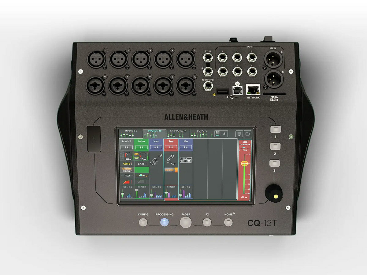 ミキシングに不慣れな方でも、完璧な調整を追求する方にも満足できるミキシングスタイル【特徴】CQ Series はプロフェッショナル向けコンソールメーカーとして名高いALLEN & HEATH が小規模ライブハウスから会議用途、DTM用途まで、幅広いニーズに向けて開発したコンパクトミキサーです。コンパクトな筐体ながら96kHz の比類のない高解像サウンドを実装し、プロユースの要求に応える音響性能を獲得。オートゲインやオートマイク、フィードバックアシスタントは音楽イベントから会議用途まで幅広いシーンに対応します。CQ には1 つのつまみだけでプロセッシングの包括的な調整を行うクイックチャンネル、全てのパラメーターを調整可能なコンプリートチャンネルの2 つのミキシングモードを用意。PA に不慣れな方であればクイックチャンネルで使用するチャンネルの用途( スピーチ、ボーカル、ギターなど) を指定し、つまみ1 つを調整するだけで用途に最適な調整が完了します。もちろんサウンドにこだわるエンジニアはコンプリートチャンネルですべてのパラメーターを狙い通りに調整可能。あらゆるレンジの音楽シーンに柔軟に対応します。さらに本体にWi-Fi アクセスポイント(CQ-12T を除く) を搭載しているため、ミキサーアプリを使用するために外付けのアクセスポイントやルーターを用意する必要はありません。スマートホンやコントロールデバイスを安全なWi-Fi ネットワークに接続するだけですぐにワイヤレスリモートが実現します。リモートコントロールには離れた場所からミキサーを完全にコントロールするCQ MixPad、演奏者が自分のモニターミックスを自由に制御できる個人用アプリCQ4YOU の2 つのアプリケーションを用意。CQ MixPad は客席やステージなど必要な場所でサウンドをコントロール可能。CQ4YOU はパフォーマーが独自のモニターミックスを制御できるようになるため、エンジニアはよりFOH のサウンドに集中できます。この2 つのアプリはiOS、Andoroid デバイス(CQ MixPad はWindows、MacOS 含む) に対応しています。■パフォーマンスから会議収音まで、幅広い用途に役立つプロセッサーを搭載CQ はゲインアシスタント、フィードバックアシスタント、自動マイクミキサー(AMM) というプロセッシング機能を搭載し、様々なシーンで有効に動作します。ゲインアシスタントは複数のチャンネルのゲインを適切な量に自動調整する機能です。従来セットアップ時に膨大な時間を消費していたチャンネル間のゲイン調整を迅速に完了。本番中も不快なピークや予期せぬ事態を防ぐため、レベルを監視し続けます。フィードバックアシスタントはイベント内で問題となるハウリングを出力ごとに最大16 個のフィルターを使用して自動的に除去します。定在するハウリング周波数には固定で設置し、本番中は突発的なハウリングを自動で検知し、ライブフィルターを配置することでハウリングの恐れのないパフォーマンスを実現します。自動マイクミキサーは現在有効になっているマイクを検知し、その他のマイクの音量を低減することで背景ノイズを抑え、会議等のアプリケーションの明瞭度を向上します。AMM は全ての入力チャンネルで利用できるため、会議やポッドキャスト、討論会、小規模な劇場アプリケーションに最適。音楽的な用途だけでなくCQ シリーズはビジネスシーンにも大活躍します。■コンパクトなボディーに圧巻の96kHzサウンドCQ はコンパクトミキサーながらこれまでに想像もできなかったほどの96kHz 高解像度サウンドを提供。この素晴らしい音質をスタジオグレードのプロセッシング、最適化されたエフェクトと連携することで、小型デジタルミキサーの音響表現を新たな次元に引き上げました。さらにCQ はUSB オーディオインターフェースによってDAW 経由で簡単にマルチトラックの録音、再生、ストリーミングを行うことが可能。SD カードスロットも備えているため、外出先でも信頼性の高いマルチトラックの録音と再生が行えます。さらにUSBドライブからステレオファイルを録音および再生でき、内蔵の Bluetooth 機能を介して携帯電話などの音源を再生することもできます。【詳細情報】マイク/ライン入力　5×XLR、5×コンボXLR/TRSステレオライン入力　1(2×バランスTRS) メイン出力　2×XLR モニター/Aux出力　6×モノバランスTRS ヘッドホン出力　1×1/4"TRS タッチスクリーン　7インチマルチタッチ ソフトキー　3ソフト/スマートロータリー　— FX エンジン　2Wi-Fiアクセスポイント　802.11 a/b/g/n/ac(デュアルバンド、オートチャンネル)Bluetooth　4.1USB　Type-Aステレオ録音　48/96kHz、24bit WAVフォーマット。出力、ST入力、FXユニットからパッチ可能ステレオ再生　44.1/48/96kHz、16/24bit、モノラル/ステレオWAVファイルUSB-B　USB2.0、Core Audio準拠、Windows用ASIO/WDM、48/96kHz、24bitセンド(アップストリーム)　16 チャンネル リターン(ダウンストリーム)　16 チャンネル SDカード　SDHC、32GB、UHS-Iスピードクラス10(最大チャンネル用)マルチトラック録音(最大)　16チャンネル@96kHz マルチトラック再生(最大)　16チャンネル@96kHz 最大消費電力　35W 寸法・質量　W291×H89×D242mm、約2.4kg オプション(別売)　キャリーケース、ラックマウントキット JANコード：6938122251731