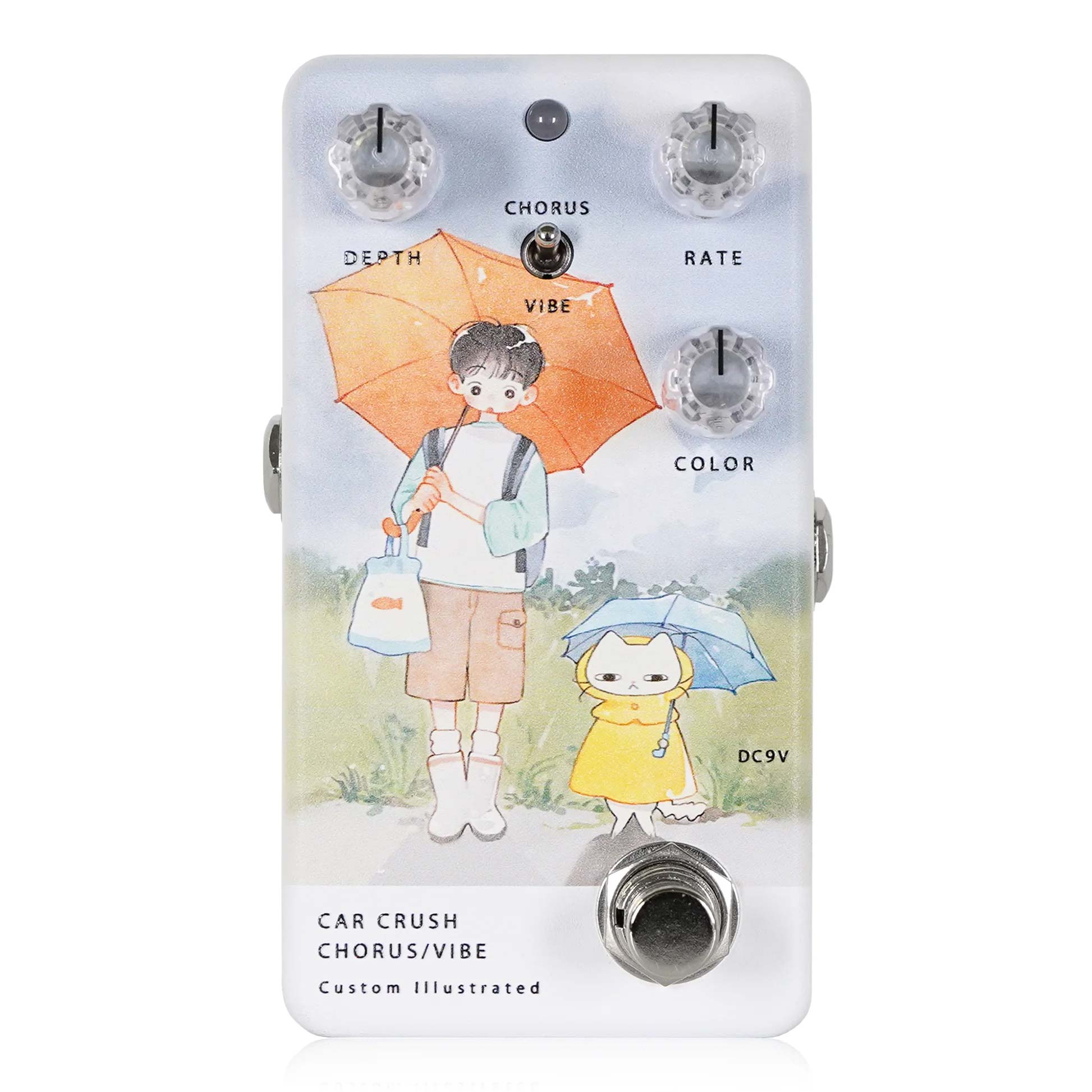 Animals Pedal 「Car Crush Chorus/Vibe」のカスタムイラストレイテッド【特徴】Animals Pedal Car Crush Chorus/Vibeのカスタムイラストレイテッドバージョンです。カナダで活躍するアーティスト・yung kai氏によるイラスト“meandstinki”が描かれた特別デザイン！- Animals Pedal Car Crush Chorus/Vibeのカスタムイラストレイテッド- アーティストyung kai氏によるイラスト“meandstinki”が描かれた特別デザイン- ヴィンテージユニヴァイブをもとにしたモジュレーションエフェクトCar Crush Chorus/Vibe60年代末期の混沌とした世界情勢の中生まれた“サイケデリック”なサウンド。その音色を支えた、日本生まれの唯一無二なモジュレーションエフェクトがあります。音がねじれながらうねるようなサウンド。重みのあるトーンが回転しながら風を切るように揺れる。当時はほとんど名前も知られていなかった、ミステリアスなボックスが発するその音色は、今でも“神”とさえ言われる左利きのギタリストのサウンドをさらに神格化しました。ユニ・ヴァイブ。その機材は、そう呼ばれました。オリジナルモデルは現在も世界中のアーティストが探し求めています。Animals Pedal Car Crush Chorus / Vibeは、そんなヴィンテージモジュレーションサウンドをシンプルに作るためのコーラス/ヴィブラートペダルです。新しくなったCar Crush Chorus / Vibeは従来よりも電池交換を容易にしながら、より手前にフットスイッチを配置して演奏性を高めました。また、Animals Pedalならではの美しいペダルデザインをさらにより美しく載せることができるようになりました。サウンドや機能面では大きな違いはありませんが、音色全体のレンジが広げられ、より多くのアンプやギターで最高のサウンドが作れるように微調整されました。クラシカルな歪み系エフェクトと組み合わせれば60年代末期の熱狂が甦ります。高価で入手困難なオリジナルモデルとは違い、コンパクトでシンプル、扱いやすくどこにでも気軽に持ち歩いて、“ヴァイブサウンド”を楽しむことが出来ます。クラシックなトーンばかりではなく、例えば幻想的な広がりのリバーブ系エフェクト等と組み合わせても、また新たなサウンドが生まれます。3つのコントロールノブとトグルスイッチのコンパクトペダルで、あの音色を体験してみましょう。【詳細情報】種類：コーラス、トレモロ/ヴィブラート（ギター用）アダプター：9Vセンターマイナス電池駆動：9V電池■コントロールDEPTH：揺れの深さを調整します。RATE：揺れのスピードを調整します。COLOR：周波数レスポンスを微調整し、音色をコントロールします。CHORUS-VIBE：コーラスとヴァイブのエフェクトを選択します。■スペック消費電流：5.5mAインプットインピーダンス：500kアウトプットインピーダンス：10kサイズ：64(W)×108(D)×49(H)mm重量：380g※Car Crush Chorus / Vibeはトゥルーバイパスフットスイッチを採用し、9V電池、またはスタンダードなセンターマイナスDC9Vアダプターで駆動します。※電池をご使用になる際、エフェクターを保管する時は電池の消耗を抑えるためにインプットジャックからプラグを抜いておいてください。また、長期間ご使用にならない際は電池を外して保管してください。JANコード：4562459912144