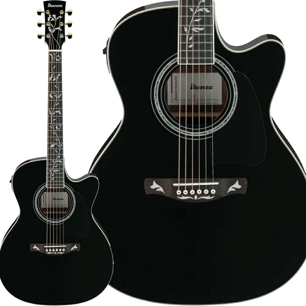 Ibanezより島村楽器限定販売のアコースティックギターが登場！【特徴】AC391RCE BKH (Black Top, Natural High Gloss Back and Sides)「AC391RCE-BKH」は、グランドコンサート・カッタウェイボディのエレクトリック・アコースティックギターです。ボディトップには単板シトカスプルース、サイド＆バックにはローズウッドを採用。ネックはアフリカンマホガニーで、指板とブリッジにもローズウッドを用いました。最大の特徴は、ヘッドから指板、ブリッジにまで施されたツリーオブライフ・インレイが美麗な意匠として際立つ点です。さらに、IbanezオリジナルのT-barアンダーサドルピックアップ及びチューナー搭載のAEQ-TP2プリアンプなど、実用的なエレアコ仕様を備え、多様な演奏環境に対応します。デザインとマテリアル単板シトカスプルースのボディトップ、ローズウッドのサイド＆バック、アフリカンマホガニー製ネックを組み合わせた本格的な仕様です。ブラックカラー（トップ：艶あり／バック＆サイド：ナチュラルグロス）が、ツリーオブライフ・インレイの装飾性を一層引き立てます。指板とブリッジにもローズウッドを使用し、質感・耐久性ともに優れた作りとなっています。ゴールドダイキャストチューナーやボーンナット、コンペンセイテッドボーンサドルなど、細部の仕上げにも抜かりがありません。視覚的個性／独自の意匠Ibanezを象徴するツリーオブライフ・インレイがヘッドから指板全体、さらにはブリッジ上までも贅沢に施されています。ボディバック中央にはストライプインレイも配置され、全体的に華やかさと高級感を備えた仕上がりです。1980年代ARモデルを彷彿とさせるヴィジュアルで、若年プレイヤーのみならず往年の愛用者にも馴染みやすい意匠です。高い装飾性が求められる場面やコレクション用途においても存在感を発揮します。実用性と演奏性グランドコンサート・カッタウェイシェイプは、ハイポジションでの演奏時にも快適なプレイアビリティをもたらします。約634mmのスケール、45mm幅のナットスペースなど、日本人プレイヤーにもなじみやすい設計です。ピックアップにはIbanez T-barアンダーサドル型を搭載し、プリアンプ「AEQ-TP2」はチューナー機能も内蔵。ライブステージやレコーディング用途にも即応可能な構成となっています。バランスXLRと1/4″の二系統出力により、多様な音響環境での接続も容易です。【詳細情報】Body Shape：Cutaway Grand Concert bodyTop：Solid Sitka Spruce topBack & Sides：Rosewood back & sidesNeck：African Mahogany neckFretboard：Rosewood fretboardBridge：Rosewood bridgeSoundhole：Rosette Abalone rosetteInlay：Tree of Life inlayTuning Machine：Gold Die-cast tuners (18:1 gear ratio)Nut Material：Bone nutSaddle Material：Compensated Bone saddleBridge Pins：Ibanez Advantage bridge pinsPickup：Ibanez T-bar Undersaddle pickupPreamp：Ibanez AEQ-TP2 preamp w/Onboard tunerOutput Jack：Balanced XLR &1/4″outputsJANコード：4549763374080