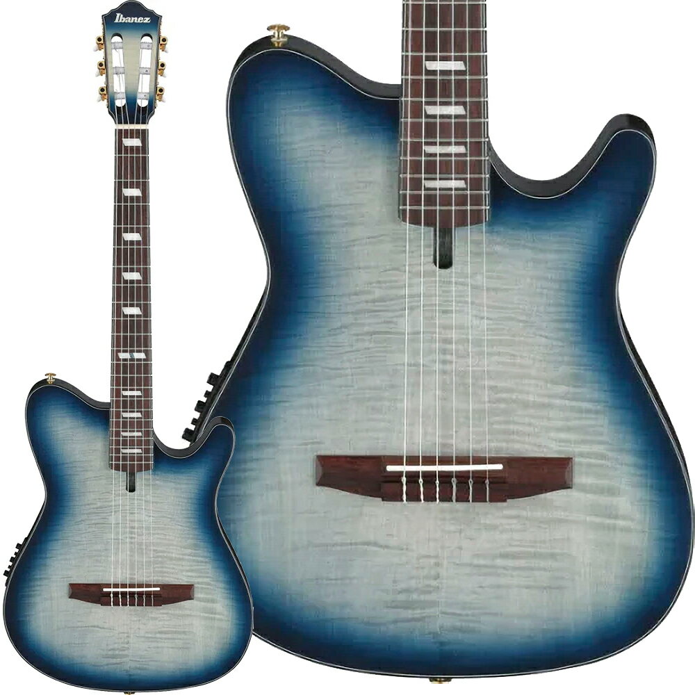 Ibanezより島村楽器限定販売のアコースティックギターが登場！【特徴】FRH20FMN CTL (Cosmic Blue Starburst Low Gloss)エレクトリック・ギターからの持ち替えにも違和感の少ないボディ形状を持つナイロン弦エレクトリック・アコースティック・ギター「FRH20FMN」は、希少性が高まるフレイムメイプル材をトップに採用し、サペリ材のバック＆サイド、Nyatoh材ネック、ローズウッド指板などを組み合わせています。チューナー搭載プリアンプやアンダーサドルPUを備え、演奏性と実用性を両立。クラシカル・ギター特有のファン・ブレイシングを取り入れつつ、現代的で洗練された仕様としています。エレキギター由来のプレイアビリティとデザイン握りやすく安定感に優れるCシェイプのNyatohネックと、46mmナット幅460mmRのローズウッド指板は、エレキギターからの持ち替えでも違和感なく演奏できる設計となります。ボディ形状はエレクトリック・ギターにインスパイアされたFRHスタイル。シングルカッタウェイのデザインにより、ハイポジションへのアクセスも容易です。軽快な抱え心地はリビングやカウチギター用途にも好適となります。木材の個性とサウンドポートによる豊かな響きボディトップには、現在では入手が難しくなりつつあるフレイムメイプル材を採用。美しい杢目が印象的です。バック＆サイドには音響特性に優れたサペリ材を組み合わせ、温かみのある豊かなトーンを実現しています。演奏者側に設けられたサイドサウンドポートによって、ボディ内部の響きを効率的に耳へ届け、細やかなニュアンスまで感じ取れる仕様です。実用性に優れたピックアップ＆プリアンプ搭載Ibanez特製アンダーサドルピックアップと、チューナー機能付き「AEQ210T」プリアンプを搭載。ライブやレコーディングなど、さまざまなシーンで安定したサウンドメイキングが容易です。ナイロン弦ギターでありながら、エレクトリック・ギターの操作性と実用性を兼ね備えています。【詳細情報】Body Shape：FRH bodyTop Flamed：Maple topBack & Sides：Sapele back & sidesBracing：Fan Bracing for FRHNeck：C shape Nyatoh neckFretboard：Rosewood fretboardBridge：Rosewood bridgeInlay：Acrylic and Abalone block inlayTuning Machine：Gold Classical tunersNut Material：Bone nutSaddle Material：Bone saddlePickup：Ibanez Undersaddle pickupPreamp：Ibanez AEQ210T preamp w/Onboard tunerJANコード：4549763369970