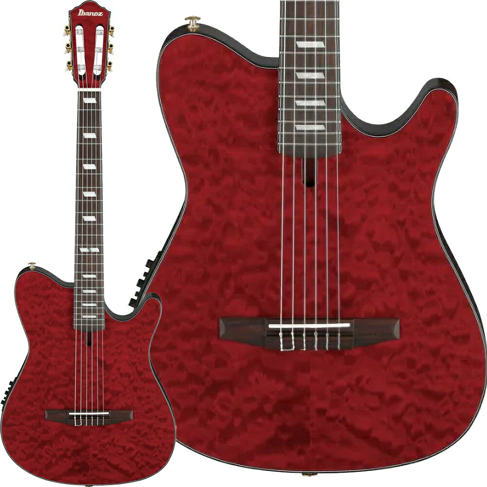 Ibanezより島村楽器限定販売のアコースティックギターが登場！【特徴】FRH20QMN WRL (Wine Red Low Gloss)「FRH20QMN」は、人気のFRHナイロン・エレクトリック・アコースティック・ギターの新たな杢目モデルです。キルテッド・メイプルを天板に採用し、美しいトランスペアレントカラーで仕上げられています。エレキギターからの持ち替えでも違和感の少ないボディ設計や、指板・ネックにこだわった仕様が特徴です。高級素材の組み合わせとIbanezオリジナルのプリアンプも搭載し、幅広いプレイヤーに対応します。美しく個性を放つキルテッド・メイプルTOPキルテッド・メイプルの天板は、ひとつひとつ異なる美しい杢目が魅力です。透き通るようなトランスペアレントカラー仕上げにより、その個性がより鮮烈に映えます。演奏時のみならず、所有する喜びをも感じられる外観となっています。抱えやすく、親しみやすい設計FRHモデルならではのコンパクトかつ身体になじみやすいボディ・シェイプを採用しています。マホガニー同等のニャトー材ネックとローズウッド指板による心地よい握り心地が特徴です。サペリ材ボディによる温かなトーンと、サイドに設けられたサウンドポートが、演奏者に豊かな鳴りを直接届けます。高機能プリアンプと多用途性Ibanezアンダーサドルピックアップ、オンボード・チューナー付きのAEQ210Tプリアンプを搭載しています。本格的なライブパフォーマンスから自宅練習まで、さまざまな場面で快適な操作性とサウンドの自由度が得られます。伝統的なファン・ブレーシング構造と現代的なボディデザインの融合により、クラシカルな響きとエレクトリックギター的演奏感を両立させています。【詳細情報】Body Shape：FRH bodyTop：Quilted Maple topBack & Sides：Sapele back & sidesBracing：Fan Bracing for FRHNeck：C shape Nyatoh neckFretboard：Rosewood fretboardBridge：Rosewood bridgeInlay：Acrylic and Abalone block inlayTuning Machine：Gold Classical tunersNut Material：Bone nutSaddle Material：Bone saddlePickup：Ibanez Undersaddle pickupPreamp：Ibanez AEQ210T preamp w/Onboard tunerJANコード：4549763370006