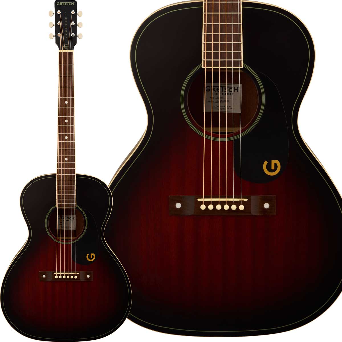 Jim Dandy Concert【特徴】1930年代、40年代、50年代に販売された歴史的なGretsch "Rex"アコースティックギターからインスパイアされたJim Dandyモデルは、Gretsch初期のフラットトップギターの魅力とスピリットを体現し、優れた演奏性とクラス最高級のトーンを備えています。快適でコンパクトなコンサートボディと24.75インチスケールのJim Dandy Concertは、あらゆる音楽スタイルに対応する柔軟なトーンを奏でます。Xブレーシングを施したボディには厳選された軽量ラミネート材を使用し、ウッディなヴィンテージトーンと耐久性を最適なバランスで実現しています。"C"シェイプネックは長時間の演奏でも快適な演奏性を維持します。ヴィンテージスタイルのピンブリッジ、"G"グラフィック入りピックガード、ペイントされたピンストライプパーフリング、"3-on-a-plate"オープンギアチューニングマシン、オーバーサイズドットインレイなど、当時の仕様に忠実なディテールがノスタルジックな個性を醸し出します。【詳細情報】ボディ：Laminated Sapeleボディフィニッシュ：Semi-Glossボディトップ：Laminated Sapeleボディバインディング：Aged Whiteボディシェイプ：Concertボディバック：Laminated Sapeleボディサイド：Laminated Sapeleフィンガーボード：Walnutハードウェアフィニッシュ：Nickelピックガード：1-Ply Black with Gold "G"ポジションインレイ：White Pearloid Dotネックフィニッシュ：Semi-Glossウェイスト：8.25" (210 mm)ロゼット：White/Black Ringsブレイシング：X-Bracingアッパーバウト：10.24” (26 cm)ローワーバウト：14.7" (373 mm)ナット：Synthetic Boneトラスロッドレンチ：4 mm Hex (Allen)ブリッジ：Walnut with Compensated Saddleチューニングマシーン：Open-Gear Die-Castストリング：D'Addario EJ16 Phosphor Bronze, Light (.012-.053 Gauges)JANコード：0885978680658