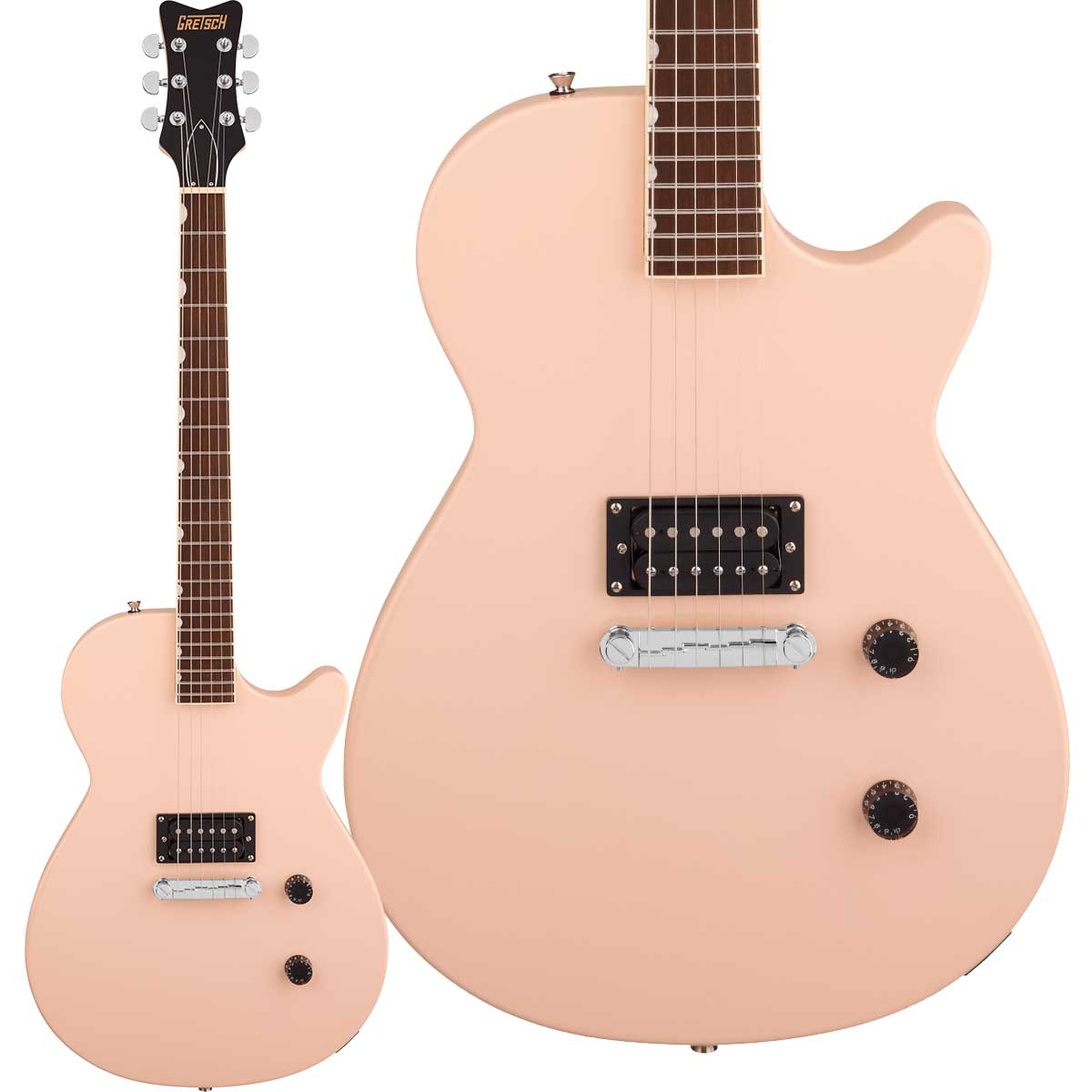 Streamliner Jet Club 1 Pickup【特徴】Streamliner Jet Club 1 Pickupは、妥協のないトーンと刺激的な新機能を備え、驚異的なパフォーマンスをお手頃な価格帯で実現します。HotWireハムバッカー、Fast “C”シェイプネック、Pitch-Perfectヘッドアングル、そしてコンペンセイテッドラップアラウンドブリッジを採用し、大迫力のリフや熱いソロプレイでオーディエンスを魅了します。洗練されたボディコンターとラウンドネックヒール設計Streamliner Jetには、豊かで存在感のあるミッドレンジ、力強いローエンド、そしてきらめくようなハイエンドを生み出すマホガニーボディが採用されています。快適なコンター加工により、バランスの取れた人間工学的なフィット感を実現し、快適でスムーズな演奏性を提供します。滑らかな演奏性を実現する“C”シェイプのマホガニーネックネックはバランスの取れた丸みのある"C"ネックシェイプで、テーパードショルダーデザインを採用することですべてのプレイヤーに快適な演奏経験をもたらします。特に初心者や手の小さいプレイヤーにとって扱いやすい仕様に仕上がっています。また、ネックに採用されているマホガニー材は力強く豊かなトーンを実現するのに理想的なサウンドキャラクターを備えています。チューニングの安定性を高めるPITCH-PERFECT ヘッドデザイン、GRAPHTECH NUBONEナット 理想的な角度に設計された"Pitch-Perfect"ヘッドは、弦のテンションを適切に保つことでチューニングの安定性を高め、ナット部における弦の引っかかり問題を解消します。GraphTech社製のNuBoneナットは、バランスの取れた一貫したトーン、レゾナンスとサスティンの向上、そして優れた演奏性を実現します。これらの仕様により、長時間に及ぶ激しい演奏においても安定したチューニングを維持します。HOTWIRE高出力セラミックハムバッカーHotWire ハムバッカーは、現代的なパワーとヴィンテージトーンの魅力を兼ね備え、きらびやかなクリーンから爆発的なオーバードライブサウンドまで幅広く対応する、より力強く存在感のあるトーンを実現します。ブリッジポジションにはセラミックマグネットと高出力のマッチドコイルを採用し、驚くほどクリアで多彩な表現力を備えた圧倒的なパワーを発揮します。さらに、真空ワックスポッティング処理によりノイズや干渉を最小限に抑えます。グレッチならではの鮮やかなカラーとスプリットVヘッドストック多彩な新色オプションと個性的なスプリットVヘッドストックにより、Jet Clubはスタイル面でも群を抜いて際立ちます。Gretsch Streamliner Jetは、クラシックなGretschスタイルとロックンロールを演奏するのに相応しい、自信に満ちた佇まいをまとった魅力溢れるギターです。【詳細情報】ボディ：Mahoganyボディフィニッシュ：Gloss Polyesterボディシェイプ：Jetコントロールノブ：Numbered Black Speed Knobsフィンガーボード：Indian Laurelハードウェアフィニッシュ：Chromeポジションインレイ：Pearloid Neo-Classic Thumbnailネックフィニッシュ：Glossネック：4-Boltナット：Graph Tech NuBoneブリッジピックアップ：HotWire High Output Ceramic Humbuckerコントロール：Master Volume, Master Toneピックアップスイッチ：Noneピックアップコンフィギュレーション：Hブリッジ：Compensated Wrap-Aroundチューニングマシーン：Die-Cast Sealedストリング：Nickel Plated Steel (.010-.046 Gauges)フィンガーボードラジアス：12" (305 mm)フレットサイズ：Medium Jumboネック：Mahoganyネックシェイプ："Fast" Cフレット数：22ナットの素材：Graph Tech NuBoneナット幅：1.6875" (42.86 mm)スケール：24.88" (632 mm)JANコード：0885978721351