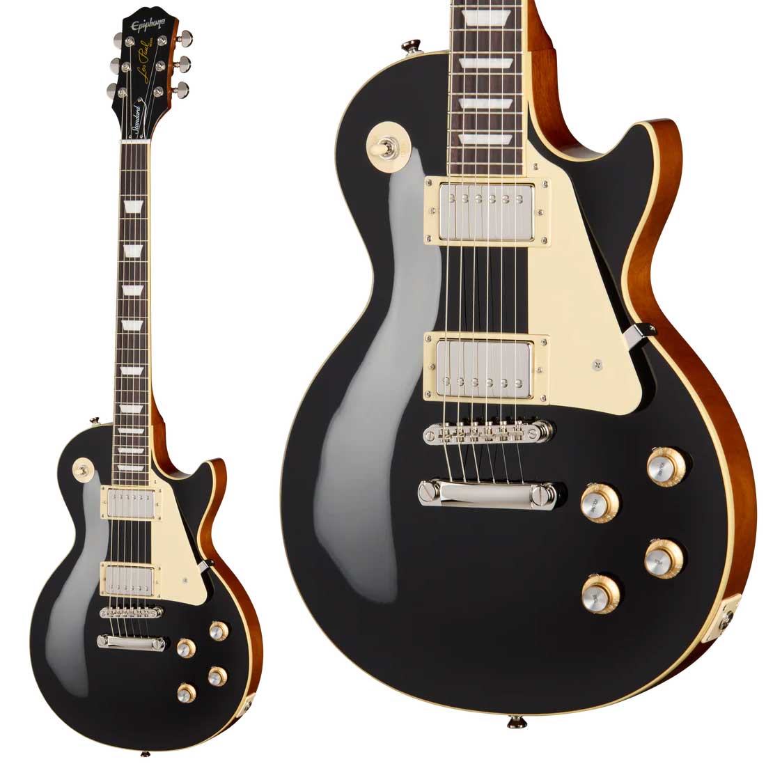 1960年代初期の伝説的モデルにオマージュを捧げるInspired by Gibson【特徴】その美しさ、滑らかな演奏性、そして卓越したトーンにより、世界中のコンサート・ステージや数多くのヒット・レコーディングで使用されてきた、地球上でもっとも愛されているヴィンテージ・ギターのひとつです。エピフォンとレス・ポール氏との長い友情は、1940年、レスがマンハッタンにあったエピフォンの旧工場で夜間に作業を行い、世界初期のソリッドボディ・エレクトリック・ギターのひとつを製作したことから始まりました。「ザ・ログ」の愛称で知られるその最初のソリッドボディ・ギターは、後にLes Paul Standardの着想源となり、史上最高のエレクトリック・ギターのひとつと評される存在へとつながっていきます。本モデルは、1960年代初期のLes Paul Standardが持つフィーリングとサウンドを忠実に再現した1本です。【詳細情報】BODYBinding：Single-ply, Top and FretboardBody Finish：GlossBody Material：MahoganyBody Shape：Les PaulBody Styles：Les PaulTop：MapleWeight Relief：NoneNECKNeck Material：MahoganyProfile：SlimTaper 60s CJoint：Glued In, Set NeckScale Length：628.65mm / 24.75inFingerboard Material：RosewoodFingerboard Radius：304.8mm / 12.0inFret Count：22Frets：Medium JumboNut Material：Graph TechNut Width：43.0mm / 1.69inInlays：Pearloid TrapezoidHARDWAREFinish：NickelBridge：LockTone Tune-O-MaticTailpiece：LockTone Stop BarTuning Machines：Grover Rotomatic with Kidney ButtonPickguard：CreamTruss Rod：Dual ActionTruss Rod Cover：2-ply Black Bell; StandardControl Knobs：Gold Top Hat with Nickel Reflector and Dial PointerSwitch Tip：IvorySwitchwasher：CreamJack Plate Cover：Cream Plastic SquareControl Covers：BlackStrap Buttons：2 - Bottom and Upper BoutMounting Rings：CreamPickup Covers：NickelPlastic Parts：CreamTuner Plating：NickelELECTRONICSNeck Pickup：ProBucker 2Bridge Pickup：ProBucker 3Controls：2 Volume, 2 Tone; CTS PotentiometersPickup Selector：Epiphone 3-way ToggleOutput Jack：Epiphone 1/4"MISCELLANEOUSModel：EIGLP6EBNHRHeadstock：60s KalamazooHeadstock Inlay：Epiphone Logo in Mother of Pearl, Les Paul Model in Gold SilkscreenStrings Gauge：.010, .013, .017, .026, .036, .046Case：Premium Gig Bagエピフォンは製品デザイン・クオリティ・快適な演奏性の実現に向け絶えず改善に努め、常に最良のマテリアルを製品に取り入れられるよう、製品の予告なき仕様変更を行うことがあります。JANコード：0711106178288