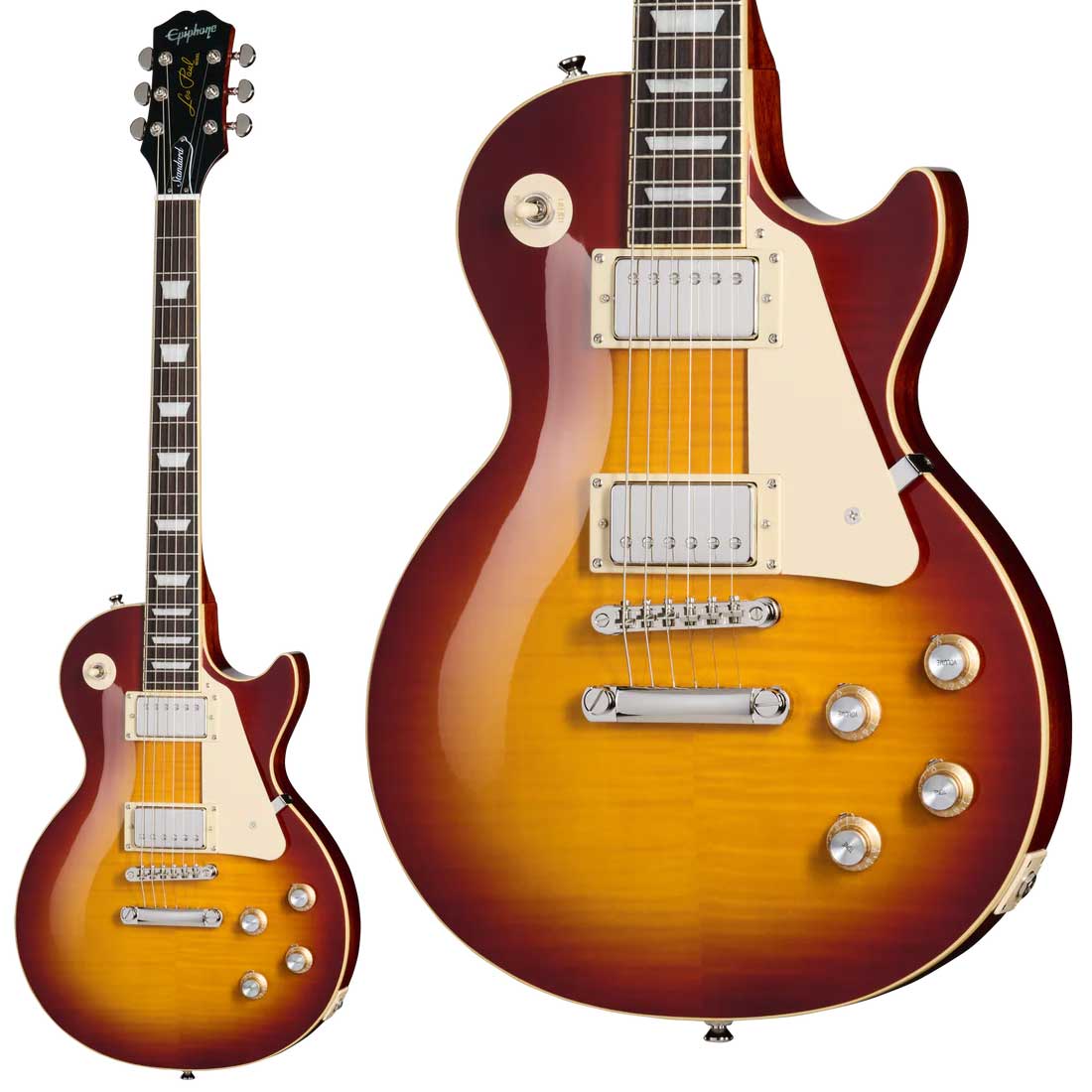1958年から1960年にかけて製作された伝説的モデルにオマージュを捧げるInspired by Gibson【特徴】その美しさ、滑らかな演奏性、そして卓越したトーンで高く評価され、世界中のコンサート・ステージや数々のヒット・レコーディングにおいて、無数のミュージシャンの手に渡ってきた、地球上でもっとも愛されているヴィンテージ・ギターのひとつです。エピフォンとレス・ポール氏の長い友情は、1940年、レスがマンハッタンにあったエピフォンの旧工場で夜間に作業を行い、世界初期のソリッドボディ・エレクトリック・ギターのひとつを製作したことから始まりました。「ザ・ログ」の愛称で知られるその最初のソリッドボディ・ギターは、後にLes Paul Standardの着想源となり、史上最高のエレクトリック・ギターのひとつと評される存在へとつながっていきます。本モデルは、当時のLes Paul Standardが持つフィーリングとトーンを、忠実に再現した1本です。【詳細情報】BODYBody Material：MahoganyTop：Maple with AAA Flame Maple VeneerBinding：Single-ply, Top and FretboardBody Finish：GlossBody Shape：Les PaulBody Styles：Les PaulWeight Relief：NoneNECKNeck Material：MahoganyProfile：SlimTaper 60s CJoint：Glued In, Set Neck; Long TenonScale Length：628.65mm / 24.75inFingerboard Material：Rosewood (or Laurel)Fingerboard Radius：304.8mm / 12.0inFret Count：22Frets：Medium JumboNut Material：Graph TechNut Width：43.0mm / 1.69inInlays：Pearloid TrapezoidHARDWAREFinish：NickelBridge：LockTone Tune-O-MaticTailpiece：LockTone Stop BarTuning Machines：Grover Rotomatic with Kidney ButtonPickguard：CreamTruss Rod：Dual ActionTruss Rod Cover：2-ply Black Bell; "Standard"Control Knobs：Gold Top Hat with Nickel Insert and Dial PointerSwitch Tip：IvorySwitchwasher：CreamJack Plate Cover：Cream Plastic SquareControl Covers：BlackStrap Buttons：2 - Bottom and Upper BoutMounting Rings：CreamELECTRONICSNeck Pickup：ProBucker 2Bridge Pickup：ProBucker 3Controls：2 Volume, 2 Tone; CTS Potentiometers, 50s WiringPickup Selector：Epiphone 3-way ToggleOutput Jack：Epiphone 1/4"MISCELLANEOUSCase：Premium Gig BagHeadstock：60s KalamazooHeadstock Inlay：Epiphone Logo in Mother of Pearl, Les Paul Model in Gold SilkscreenStrings Gauge：.010, .013, .017, .026, .036, .046エピフォンは製品デザイン・クオリティ・快適な演奏性の実現に向け絶えず改善に努め、常に最良のマテリアルを製品に取り入れられるよう、製品の予告なき仕様変更を行うことがあります。JANコード：0711106178271