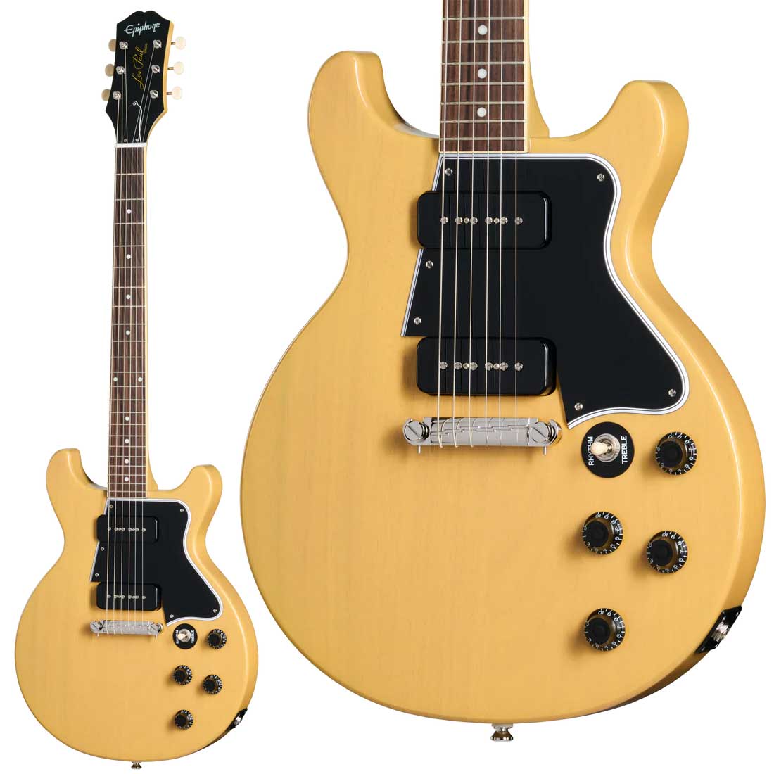 1960年代初頭のモデルを再現 Inspired by Gibson【特徴】Gibsonが1955年にLes Paul Specialを発表した際、本モデルはLes Paul Juniorを発展させた、より上位のモデルとして位置付けられていました。Juniorが1基のピックアップを搭載していたのに対し、Les Paul Specialは2基のピックアップを備え、さらにマザー・オブ・パールのヘッドストック・ロゴ・インレイやバインディング付き指板を採用することで、ビジュアル面でも魅力を高めています。これにより、よりエレガントなLes Paul Standardと、学生向けモデルであるLes Paul Juniorの中間に位置するモデルとしてラインアップされました。1958年にはボディがダブル・カッタウェイへと変更され、指板全体へのアクセスが向上しました。1960年にはネック・ピックアップの位置がわずかに変更され、あわせて演奏性に優れたスリムテーパー プロファイルのネックが採用されたことで、ネックの安定性が高まり、これまで以上に弾きやすいモデルへと進化しています。【詳細情報】BODYBody Material：MahoganyBody Shape：Les Paul SpecialBody Styles：Double CutBody Finish：GlossColor：TV YellowNECKNeck Material：MahoganyProfile：60s SlimTaper Joint：Glued In, Set NeckScale Length：628.65mm / 24.75inFingerboard Material：Indian LaurelFingerboard Radius：304.8mm / 12.0inFret Count：22Frets：Medium JumboNut Material：Graph Tech NuBoneNut Width：43.0mm / 1.69inInlays：DotHARDWAREFinish：NickelBridge：Lightning Bar Wrap AroundTuning Machines：Epiphone Deluxe VintagePickguard：3-Ply BlackTruss Rod：AdjustableTruss Rod Cover：2-Ply BellControl Knobs：Gold Top HatsControl Covers：BlackStrap Buttons：2Pickup Covers：Black SoapbarELECTRONICSNeck Pickup：P-90 PRO SoapbarBridge Pickup：P-90 PRO SoapbarControls：2 Volume, 2 Tone; CTS PotentiometersPickup Selector：3-way Epiphone ToggleOutput Jack：1/4" Heavy-Duty EpiphoneMISCELLANEOUSHeadstock：60s KalamazooHeadstock Inlay：Epiphone Logo in Mother of Pearl, "Les Paul Model" in Gold SilkscreenStrings Gauge：.010, .013, .017, .026, .036, .046Case：Premium Gig Bagエピフォンは製品デザイン・クオリティ・快適な演奏性の実現に向け絶えず改善に努め、常に最良のマテリアルを製品に取り入れられるよう、製品の予告なき仕様変更を行うことがあります。JANコード：0711106166230