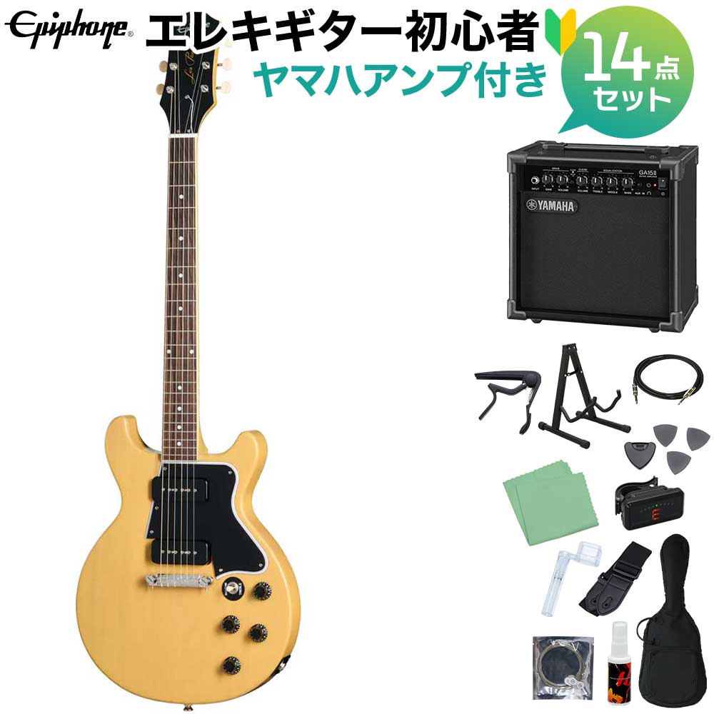 【島村楽器WEBSHOP限定】1960年代初頭のモデルを再現 Inspired by Gibson 初心者セット【特徴】Gibsonが1955年にLes Paul Specialを発表した際、本モデルはLes Paul Juniorを発展させた、より上位のモデルとして位置付けられていました。Juniorが1基のピックアップを搭載していたのに対し、Les Paul Specialは2基のピックアップを備え、さらにマザー・オブ・パールのヘッドストック・ロゴ・インレイやバインディング付き指板を採用することで、ビジュアル面でも魅力を高めています。これにより、よりエレガントなLes Paul Standardと、学生向けモデルであるLes Paul Juniorの中間に位置するモデルとしてラインアップされました。1958年にはボディがダブル・カッタウェイへと変更され、指板全体へのアクセスが向上しました。1960年にはネック・ピックアップの位置がわずかに変更され、あわせて演奏性に優れたスリムテーパープロファイルのネックが採用されたことで、ネックの安定性が高まり、これまで以上に弾きやすいモデルへと進化しています。【詳細情報】BODYBody Material：MahoganyBody Shape：Les Paul SpecialBody Styles：Double CutBody Finish：GlossColor：TV YellowNECKNeck Material：MahoganyProfile：60s SlimTaper?Joint：Glued In, Set NeckScale Length：628.65mm / 24.75inFingerboard Material：Indian LaurelFingerboard Radius：304.8mm / 12.0inFret Count：22Frets：Medium JumboNut Material：Graph Tech NuBoneNut Width：43.0mm / 1.69inInlays：DotHARDWAREFinish：NickelBridge：Lightning Bar Wrap AroundTuning Machines：Epiphone Deluxe VintagePickguard：3-Ply BlackTruss Rod：AdjustableTruss Rod Cover：2-Ply BellControl Knobs：Gold Top HatsControl Covers：BlackStrap Buttons：2Pickup Covers：Black SoapbarELECTRONICSNeck Pickup：P-90 PRO? SoapbarBridge Pickup：P-90 PRO? SoapbarControls：2 Volume, 2 Tone; CTS PotentiometersPickup Selector：3-way Epiphone ToggleOutput Jack：1/4" Heavy-Duty EpiphoneMISCELLANEOUSHeadstock：60s KalamazooHeadstock Inlay：Epiphone Logo in Mother of Pearl, "Les Paul Model" in Gold SilkscreenStrings Gauge：.010, .013, .017, .026, .036, .046Case：Premium Gig Bagエピフォンは製品デザイン・クオリティ・快適な演奏性の実現に向け絶えず改善に努め、常に最良のマテリアルを製品に取り入れられるよう、製品の予告なき仕様変更を行うことがあります。JANコード：0711106166230【bgn_egymh】【bgn_eglp】【bgn_egnatural】