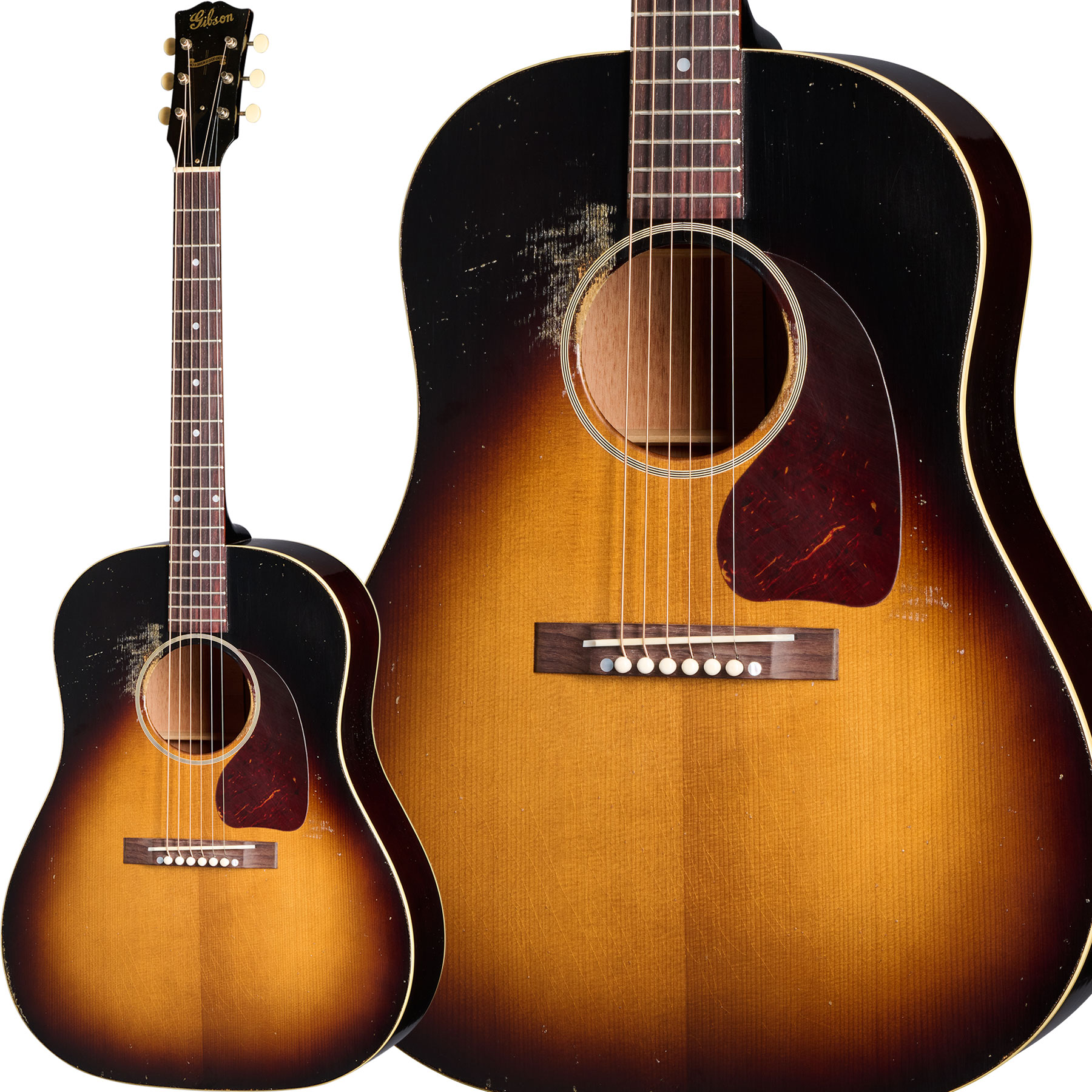 極限まで高められたヴィンテージの凄み。Murphy Labが手掛ける「Heavy Aged」仕様の最高峰バナーJ-45。【特徴】アコースティックギターの歴史において「ザ・ワークホース」の異名を持つ銘器の原点を、より深く、激しいエイジング加工で再現したカスタムショップ製「1942 Banner J-45 Heavy Aged」です。最大の特徴は、熟練の職人集団「Murphy Lab（マーフィ・ラボ）」による「Heavy Aged（ヘヴィ・エイジング）」処理。激しいウェザーチェック、ボディ背面の大きなベルトバックル痕、腕が触れる部分の塗装の擦れなど、数々のステージを生き抜いてきたような圧倒的な風格とヴィンテージ特有の極上の手触りを見事に再現しています。ヘッドのバナーロゴをはじめ、構造面も徹底追求。トップには熱処理を施したサーマリー・エイジング・アディロンダック・レッドスプルースを採用。レッドスプルース製のブレーシング接着には伝統的な「ニカワ」を使用し、オープンスロットの長方形ブリッジやティアドロップ型ピックガードなど、最初期のディテールを結集しています。これにより、ヴィンテージ特有の圧倒的なレスポンスと豪快な鳴りを実現。認定書と専用ハードケースが付属します。※画像はサンプルです。木目やエイジド加工などの外観には個体差がございます。【詳細情報】SpecificationsBody Specs・Body Shape: J-45 (Round Shoulder)・Top: Thermally Aged Red Spruce (Adirondack Spruce)・Back & Sides: Mahogany・Bracing: Traditional Hand-scalloped X-bracing, Red Spruce Braces with Hide Glue (ニカワ接着)・Binding: Single-ply Top and Back・Body Finish: Murphy Lab Heavy Aged Nitrocellulose LacquerNeck Specs・Neck Material: Mahogany・Profile: Historic・Joint: Compound Dovetail Neck-to-Body・Fingerboard Material: Rosewood・Fingerboard Radius: 304.8mm / 12.0in・Fret Count: 19 (Legend Wire)・Inlays: Mother of Pearl Dot・Nut Material: Bone・Nut Width: 43.81mm / 1.72in・Scale Length: 628.65mm / 24.75inHardware Specs・Bridge: Rosewood; Rectangle, Open Slot・Bridge Pins: Bone・Saddle Material: Bone・Pickguard: Tear Drop Tortoise, Aged・Truss Rod Cover: Black・Tuning Machines: Strap Style, Open Back, Cream Buttons, Aged・Finish: Heavily Aged NickelMisc Specs・Model: CSRS45VSHA・Accessories: Gibson Accessory Kit, Certificate of Authenticity (認定書)・Case: Period Correct Case (当時を再現したハードケース)・Strings Gauge: .012, .016, .024, .032, .042, .053JANコード：0711106157696
